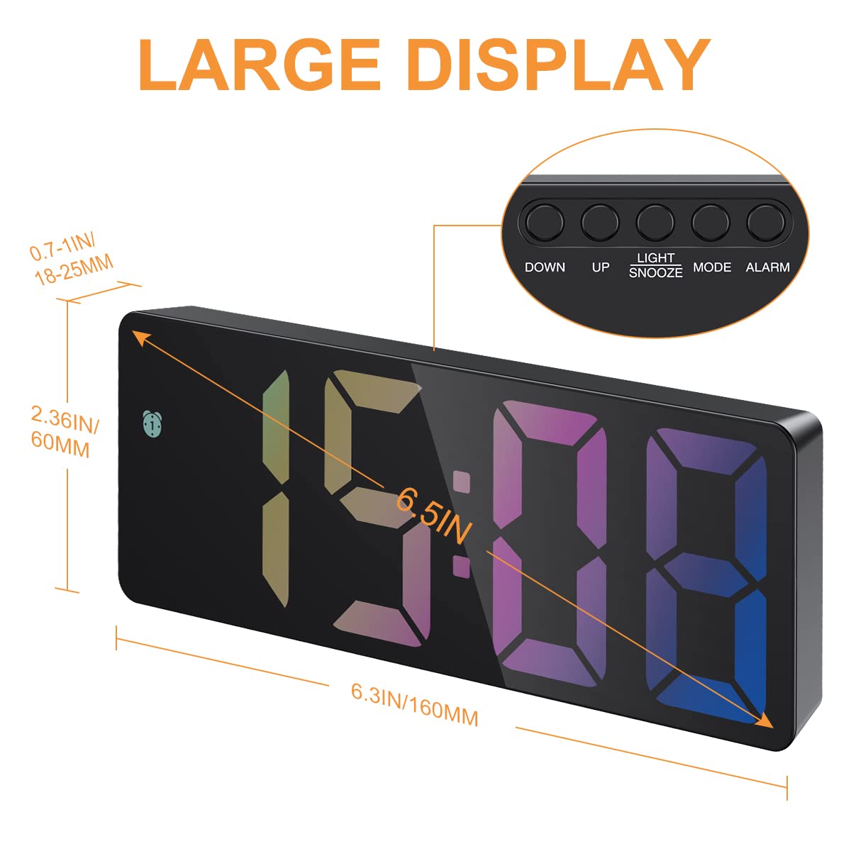 JXTZ Digital Alarm Clock with Rainbow LED Display - Adjustable Brightness, Temperature, Snooze & Voice Control - 12/24H Format for Bedroom, Office, Desk or Under TV - Perfect for Nightstands, Home Decor & Gift Giving