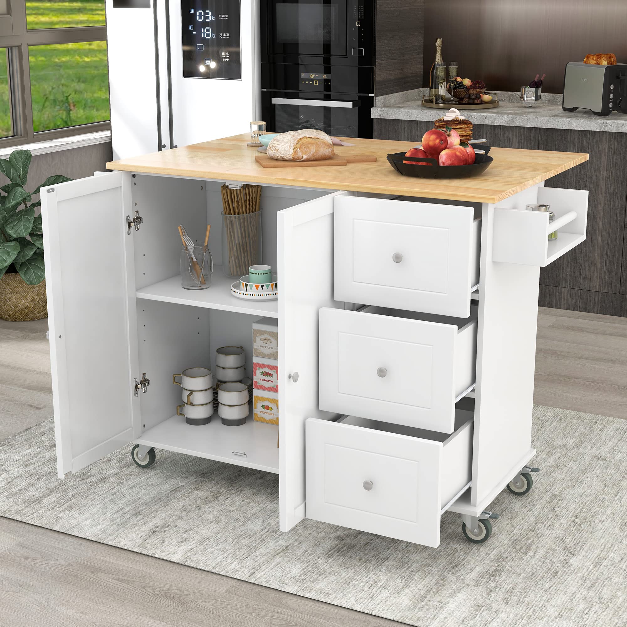 HABITRIO White Kitchen Island Cart with Extendable Solid Wood Table Top - Multi-Functional Counter Height Kitchen Cart with Storage Cabinet, Drawers, Spice Rack & Towel Rack - Perfect for Small Kitchen, Dining Room or Breakfast Nook