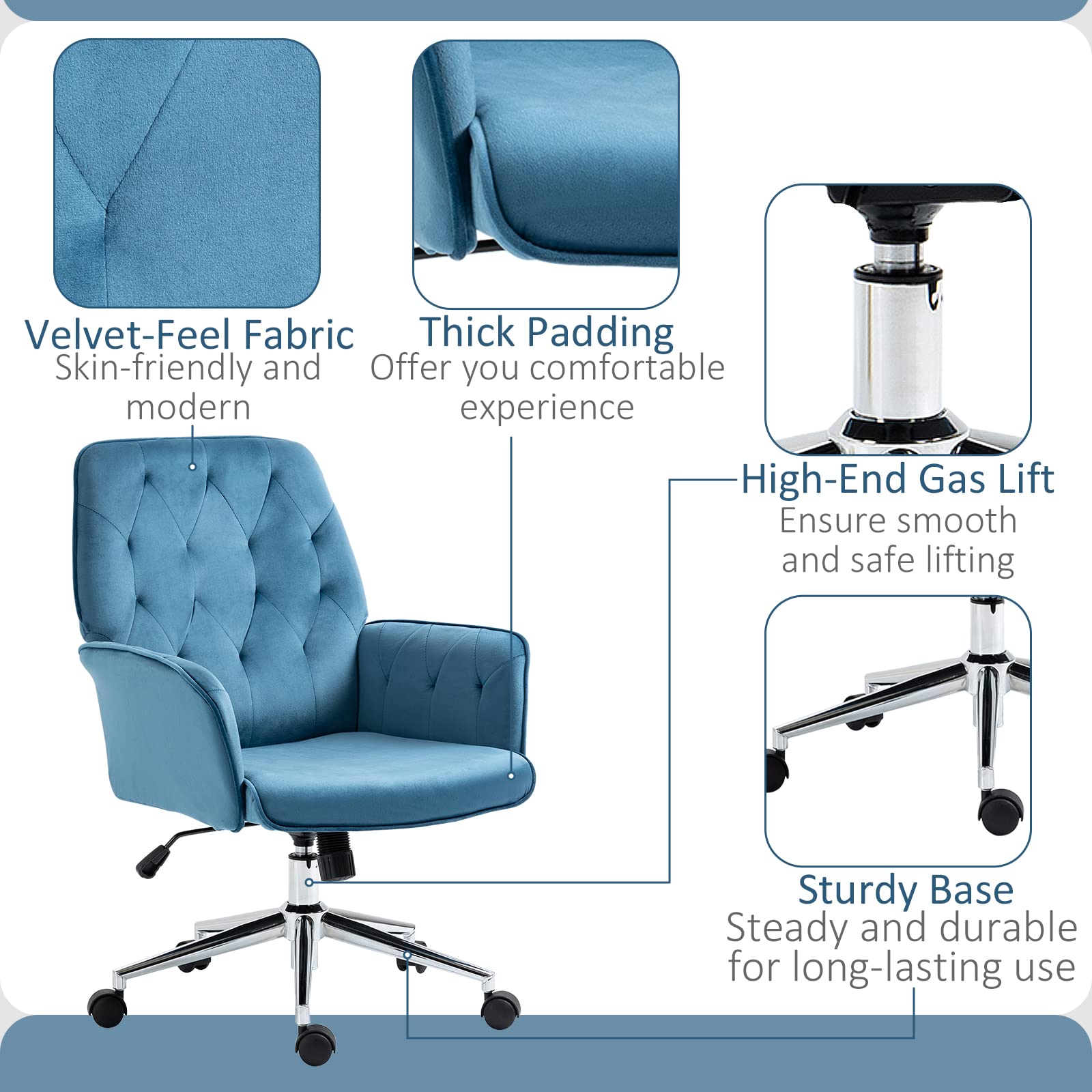 Vinsetto Velvet Home Office Chair - Adjustable Height, Swivel Wheels & Padded Armrests, Tufted Computer Desk Chair in Blue | Ergonomic Support for Work, Gaming & Study