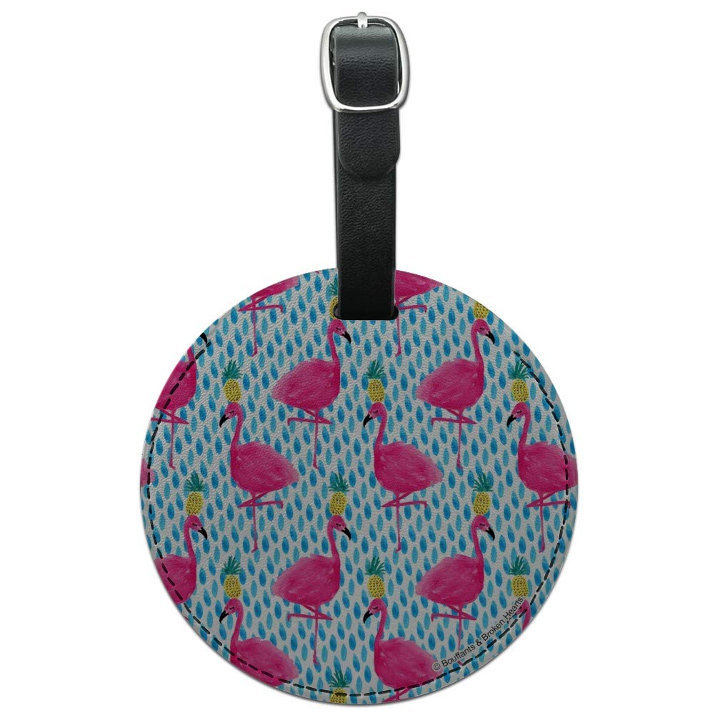 Stylish Round Leather Luggage Tag with Flamingo & Pineapple Design - Perfect for Carry-On Suitcases, Travel Bags & Party Vacations