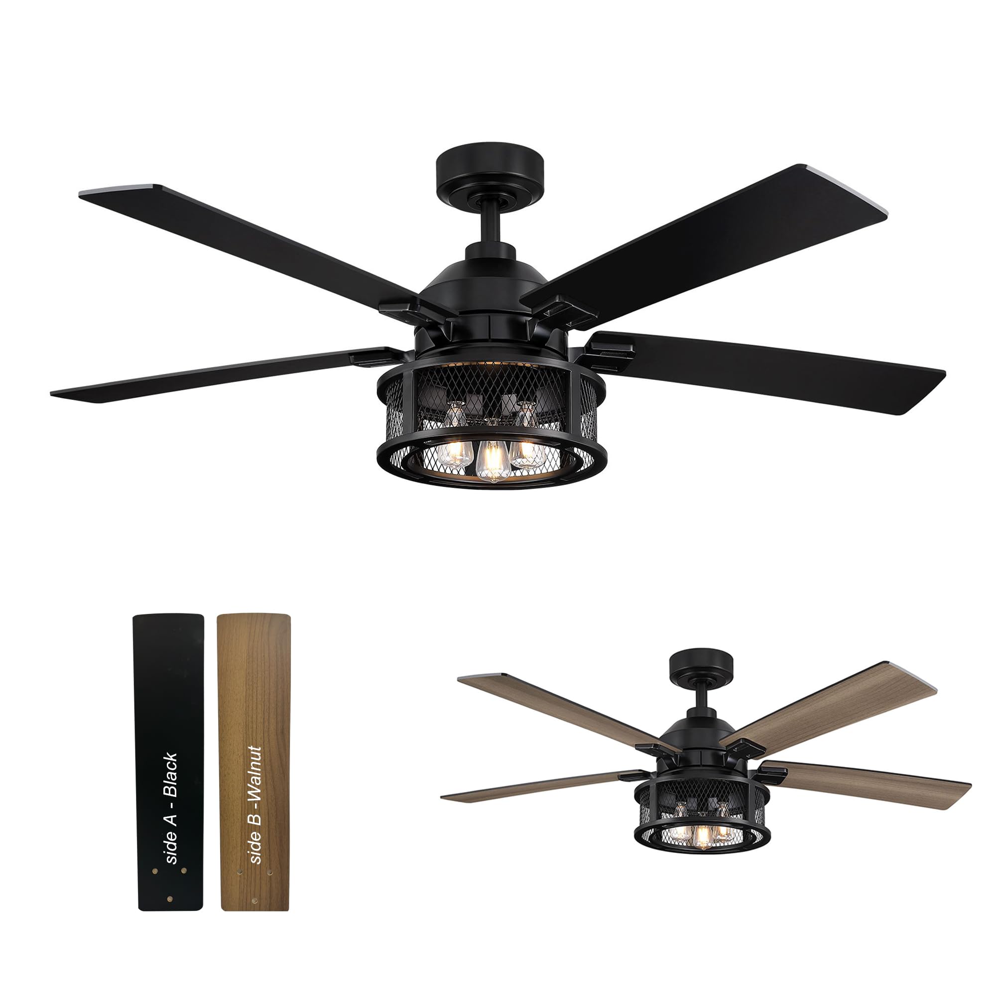52 Inch Black Farmhouse Ceiling Fan with Remote Control, LED Light and Reversible Blades - Rustic Indoor/Outdoor Ceiling Fan for Bedroom, Living Room, Patio - Perfect for Home Cooling and Stylish Decor