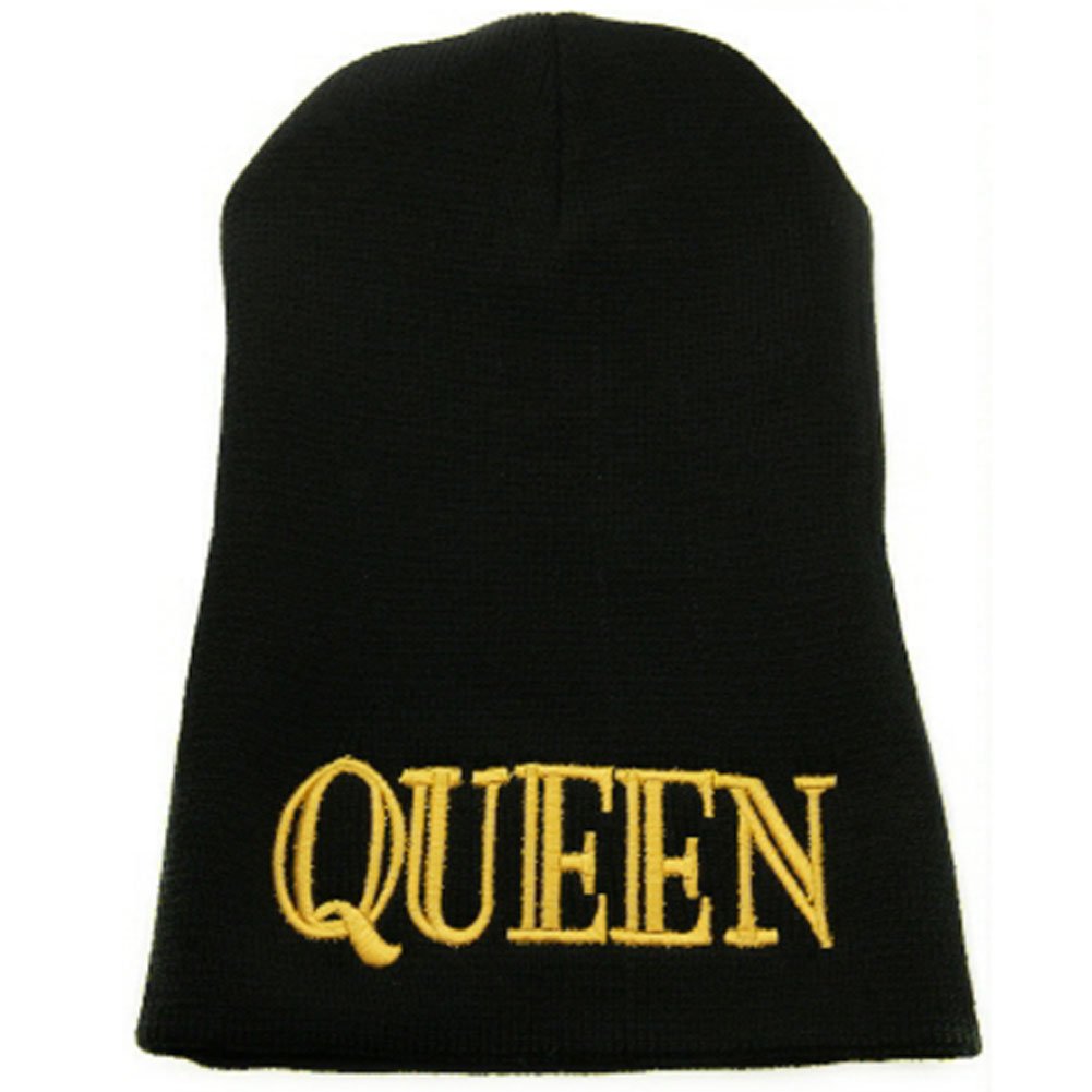Okstar Queen Bold Letter Logo Black One Size Fashion Beanie Hat for Women - Winter Warm Knit Skull Cap, Streetwear & Outdoor Activities