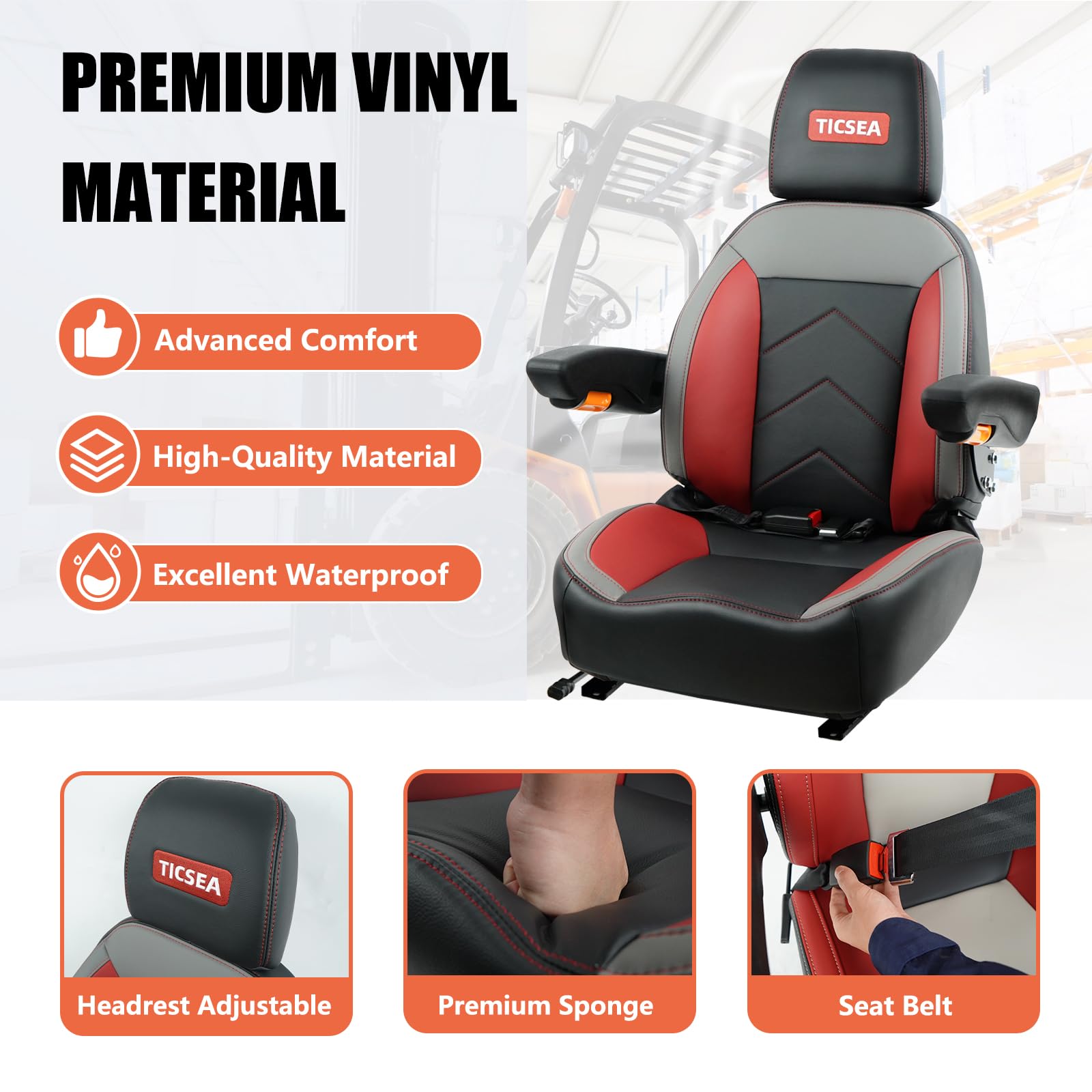 Universal Forklift Seat - Heavy Duty Tractor Seat with Retractable Seatbelt, Adjustable Backrest, Headrest & Armrests (Black-Red) - Perfect for Forklifts, Tractors, Construction Equipment & Agricultural Machinery