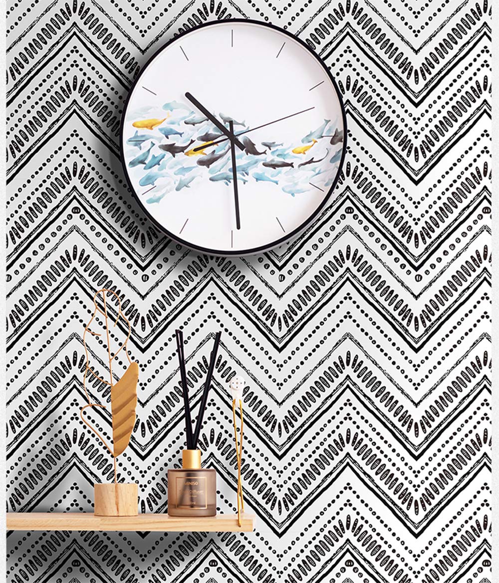 Self-Adhesive Black and White Geometric Vinyl Shelf Paper - Peel and Stick Wallpaper for Kitchen Cabinets, Dresser Drawers & Backsplash Walls (17.7x117 Inches) - Easy DIY Home Decor Upgrade for Modern Farmhouse or Scandinavian Style