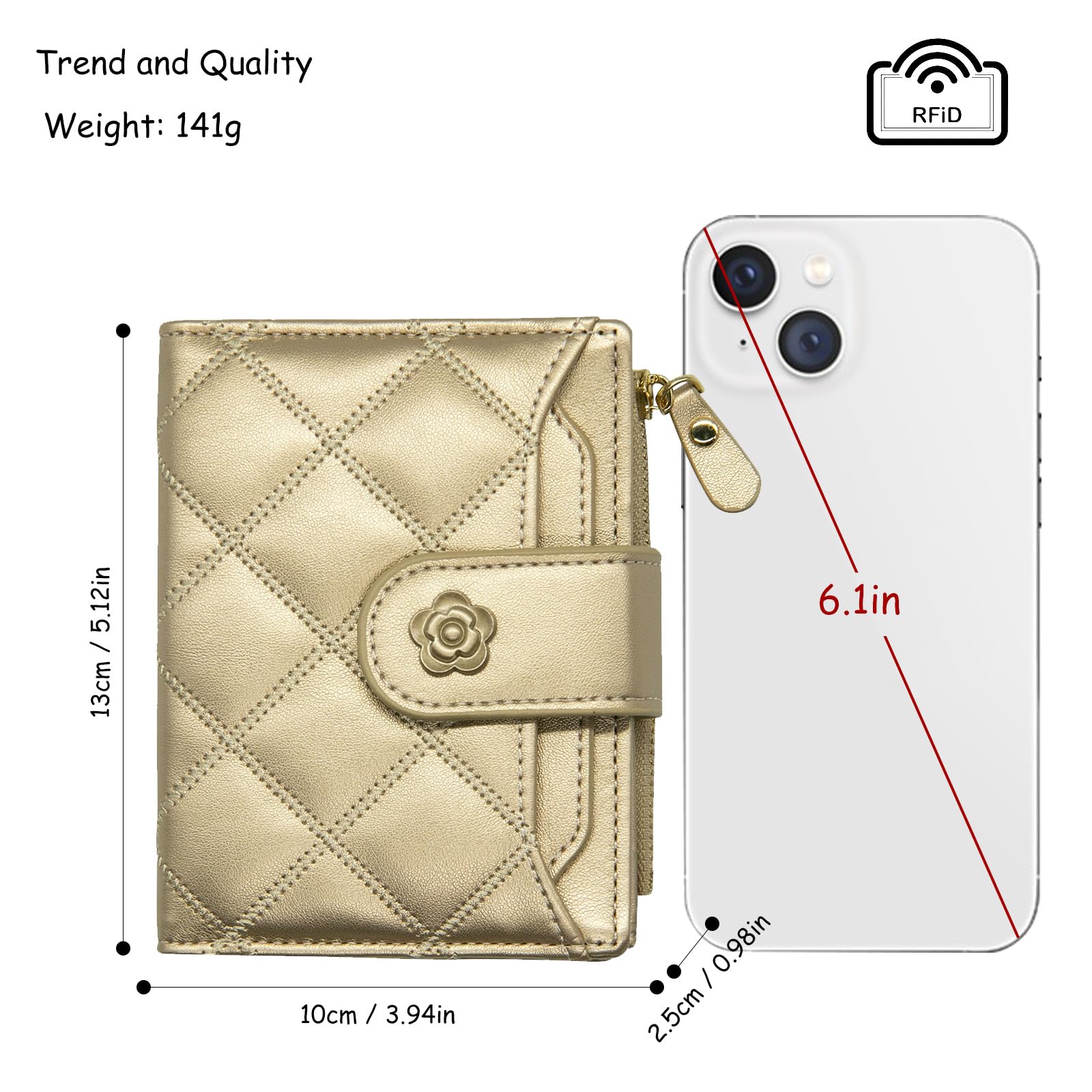 LJCZKA Vegan Leather Women's Wallet - RFID Blocking Bifold Card Holder with Zipper Pocket & ID Window for Cash, Coins & Cards (Gold) | Perfect for Travel, Shopping & Everyday Use