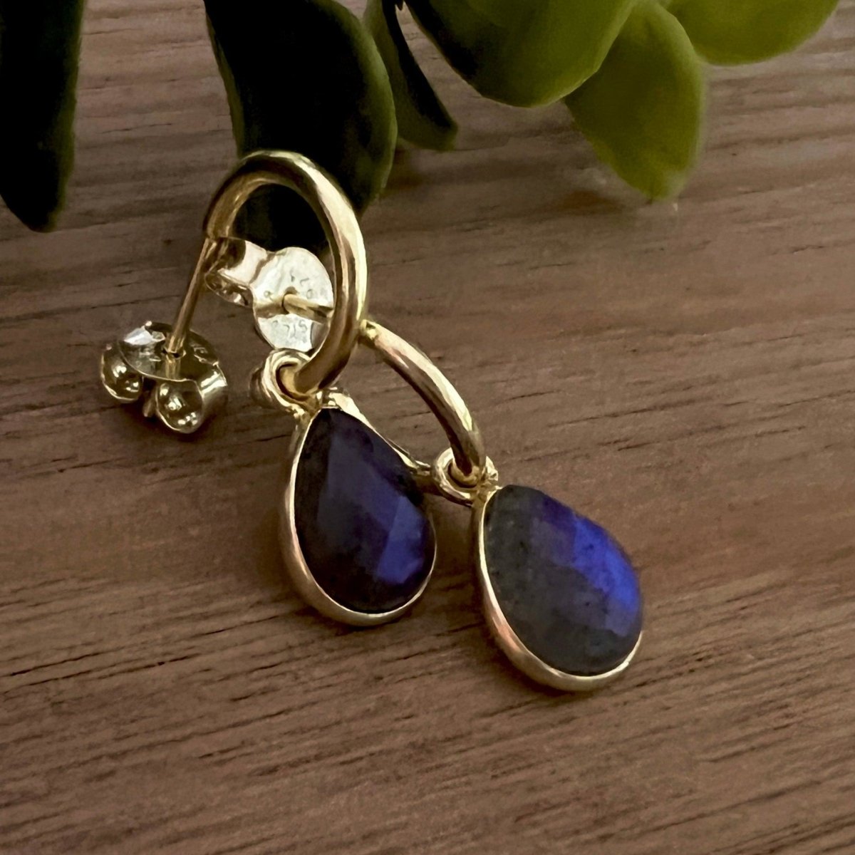 Laihas Mini 'Bell' Raindrop Gold Labradorite Hoop Earrings - Elegant Dangle Earrings for Women, Hypoallergenic 925 Sterling Silver Jewelry - Perfect for Parties, Weddings & Everyday Wear