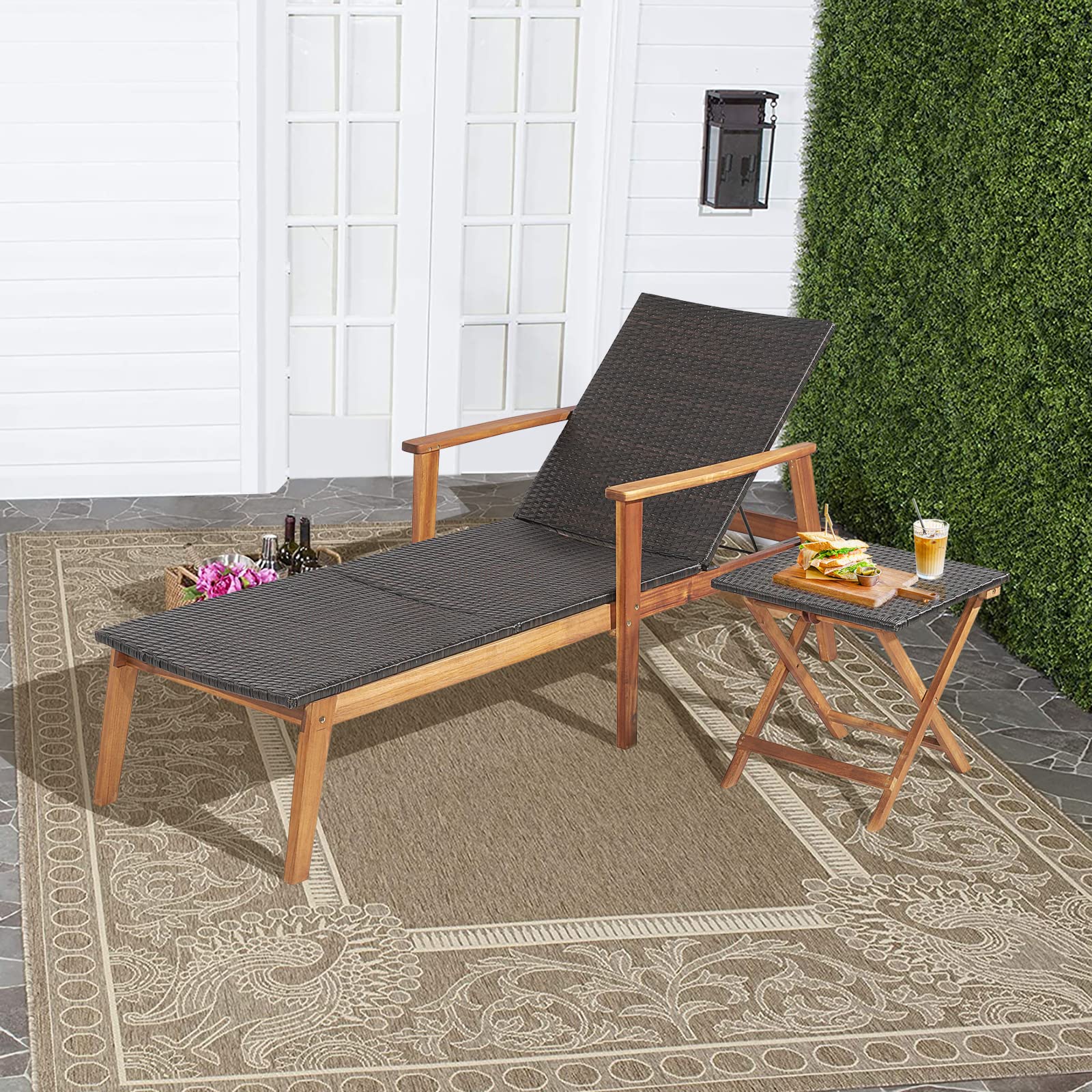 Tangkula 3-Piece Outdoor Patio Furniture Set - Acacia Wood Rattan Chaise Lounge Chairs with Adjustable Backrest & Folding Side Table - Durable Mix Brown Recliner Set for Backyard, Poolside, Garden Relaxation