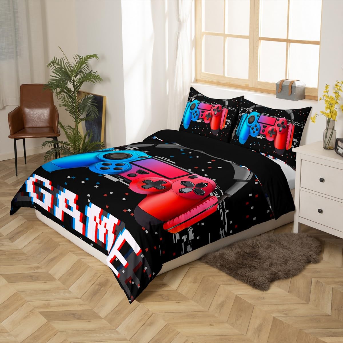 3D Gaming Bedding Set for Teens - Video Game Themed Duvet Cover with Headset & Controller Design, Boys Music Comforter/Quilt Set, King Size Red Blue - Perfect for Gamer Bedroom Decor & Sleepovers