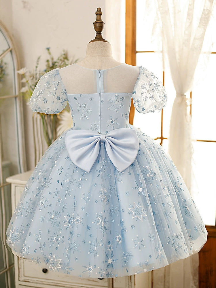 Dusty Blue Princess Square Tea Length Tulle Flower Girl Dress for Weddings & Special Occasions