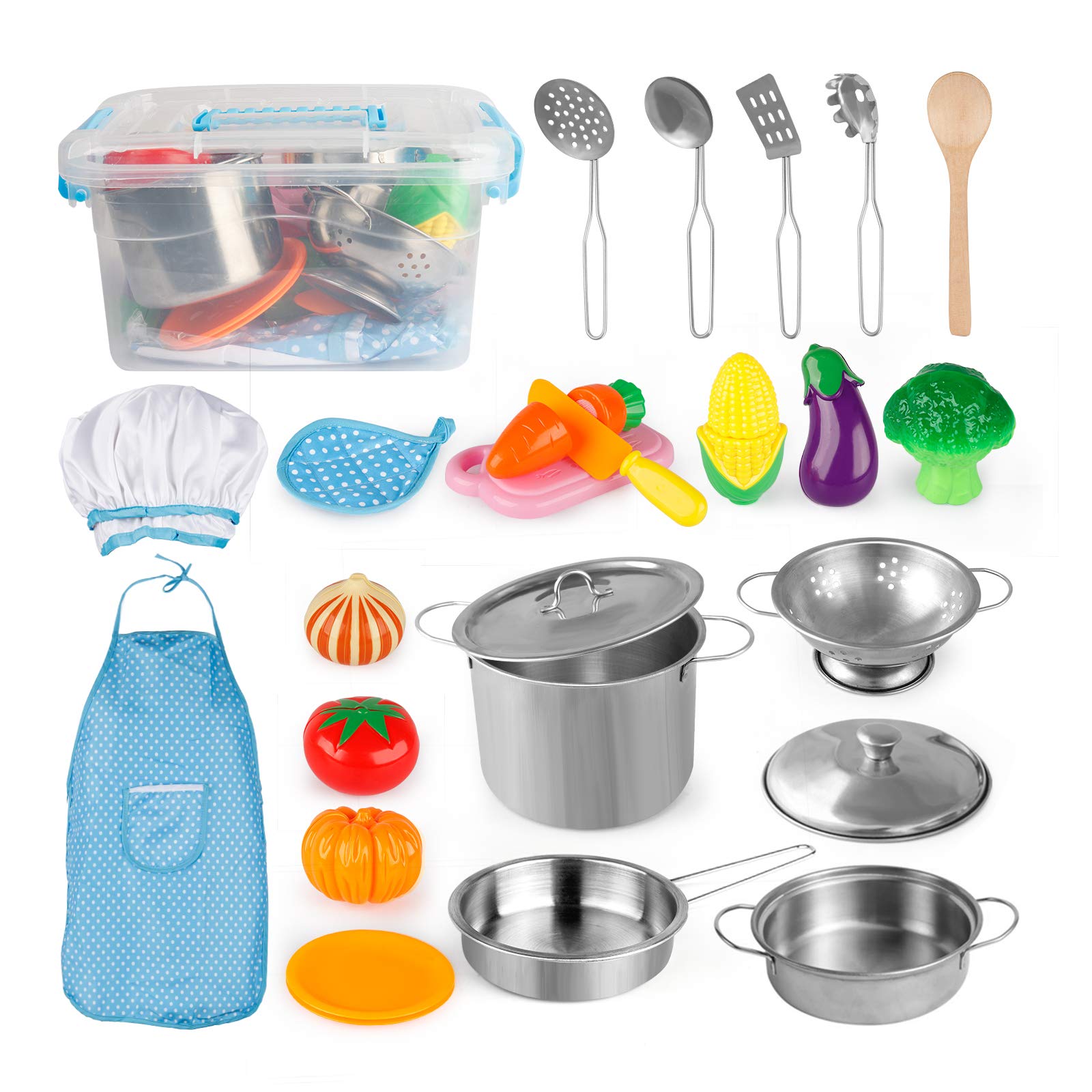 D-FantiX Kids Pretend Play Kitchen Set - Stainless Steel Pots & Pans, Cooking Utensils, Chef Apron & Hat, Cutting Food Toys for Toddlers Boys & Girls | Educational Role Play Toy for Preschool Learning & Imagination Development
