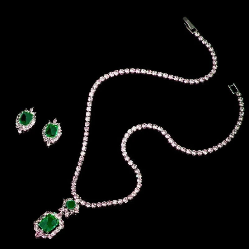 Emerald Green Crystal Necklace & Earring Set - Elegant Wedding Jewelry for Brides, Bridesmaids & Formal Events - 9173