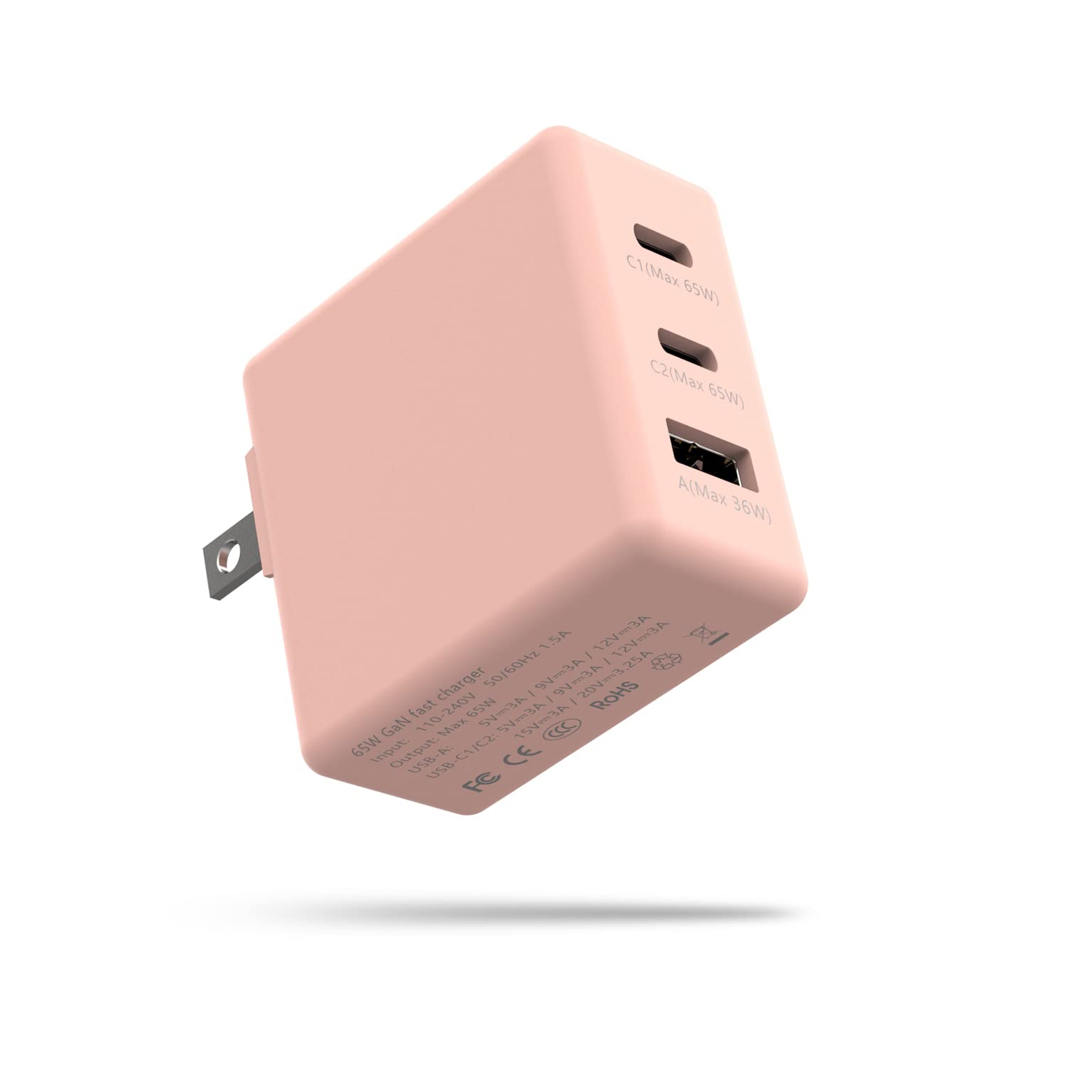 65W GaN Fast Charger USB C 3-Port Compact Wall Charger Adapter for MacBook Pro/Air, iPhone 15/14/Pro, iPad Pro, Galaxy S23/S21 - Pink | Fast Charging for Travel, Home & Office Use