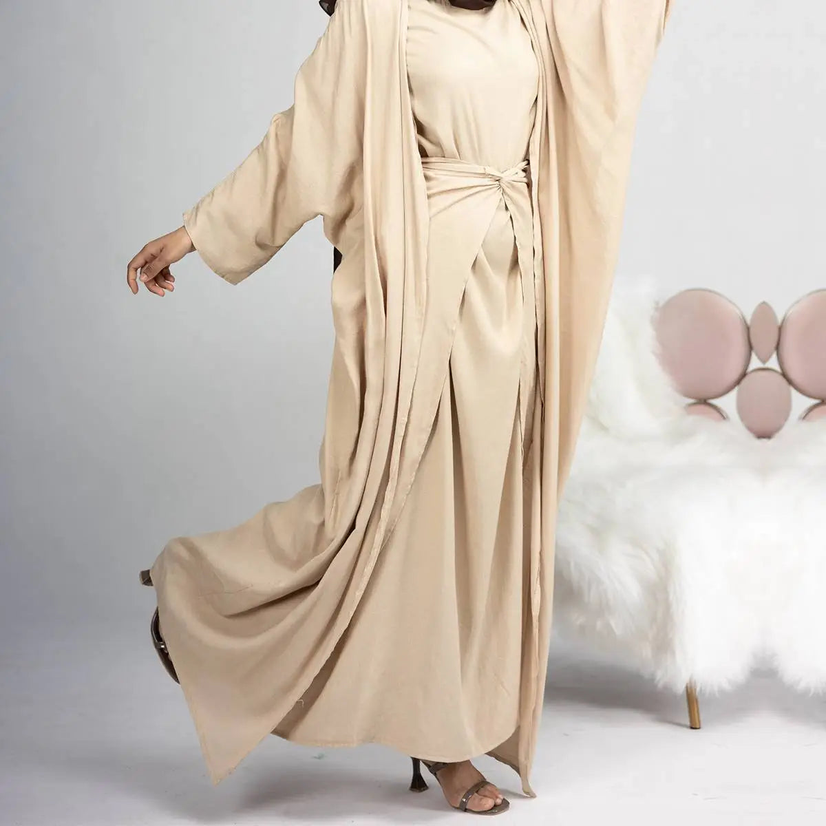 4 Piece Muslim Open Abaya Dress Set with Scarf - Modest Islamic Prayer Outfit for Women, Elegant Loose Flowing Abaya with Mid Wrap & Inner Dress - Perfect for Mosque, Eid, Ramadan & Special Occasions