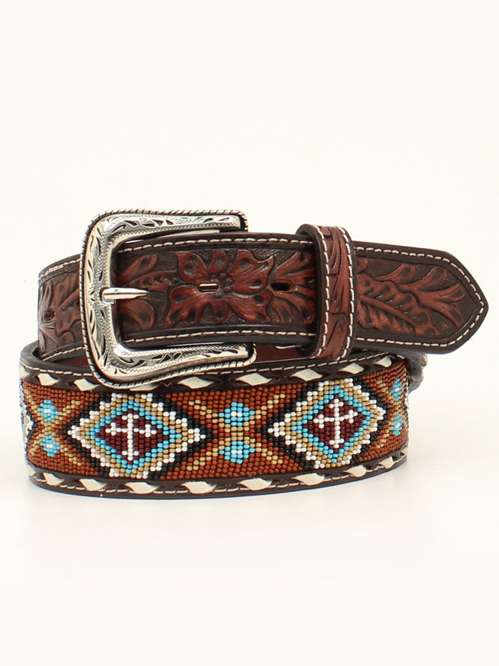 Nocona N210005532 Floral Tooled Beaded Buck Lacing Belt for Women - Western Style Brown Leather Belt for Cowgirl Boots & Jeans - Perfect for Rodeo, Country Music Festivals & Western Fashion