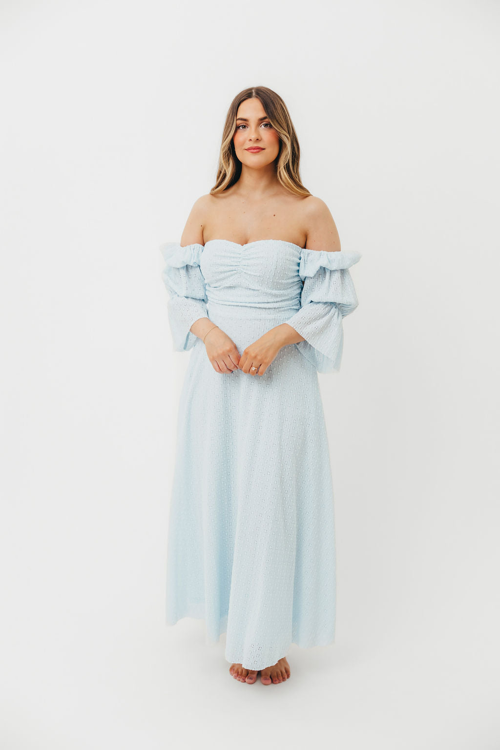 Corrine Tiered Sleeve Maxi Dress with Pockets - Baby Blue Maternity Dress | Bump Friendly & Comfortable for Pregnancy, Nursing, Baby Showers and Special Occasions