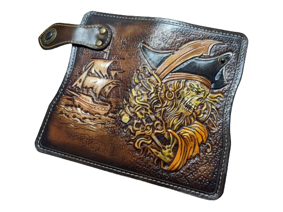 Handmade 3D Genuine Leather Zombie Pirate Ship Wallet for Men - Caribbean Themed Biker Wallet with Airbrush Art, Custom Carved Design, Personalized Long Wallet for Everyday Use & Gift Giving