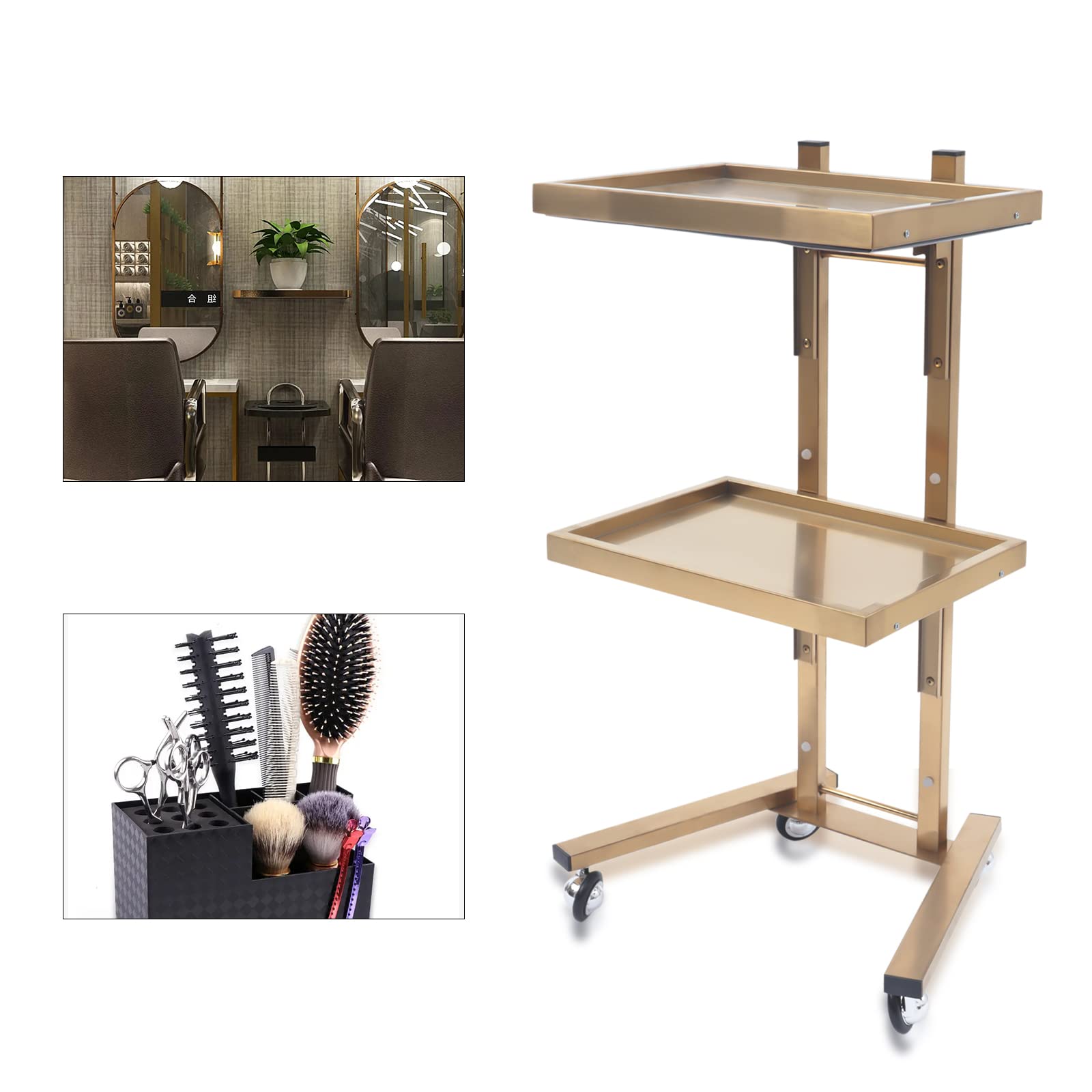 Premium 2-Tier Salon Rolling Cart - Beauty Spa Machine Holder & Storage Trolley for Salon, Studio, Clinic & Dental Office - Gold | Mobile Organizer for Hair Styling, Nail Art & Medical Equipment