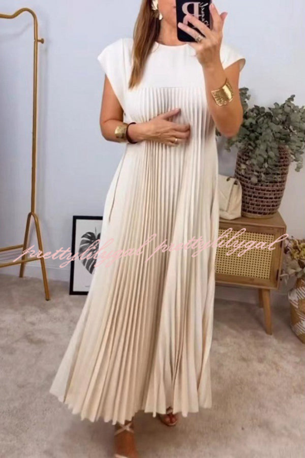 Elegant Solid Color Round Neck Sleeveless Pleated Maxi Dress with Flowy Hem - Perfect for Summer Beach Vacations, Garden Parties & Casual Outings