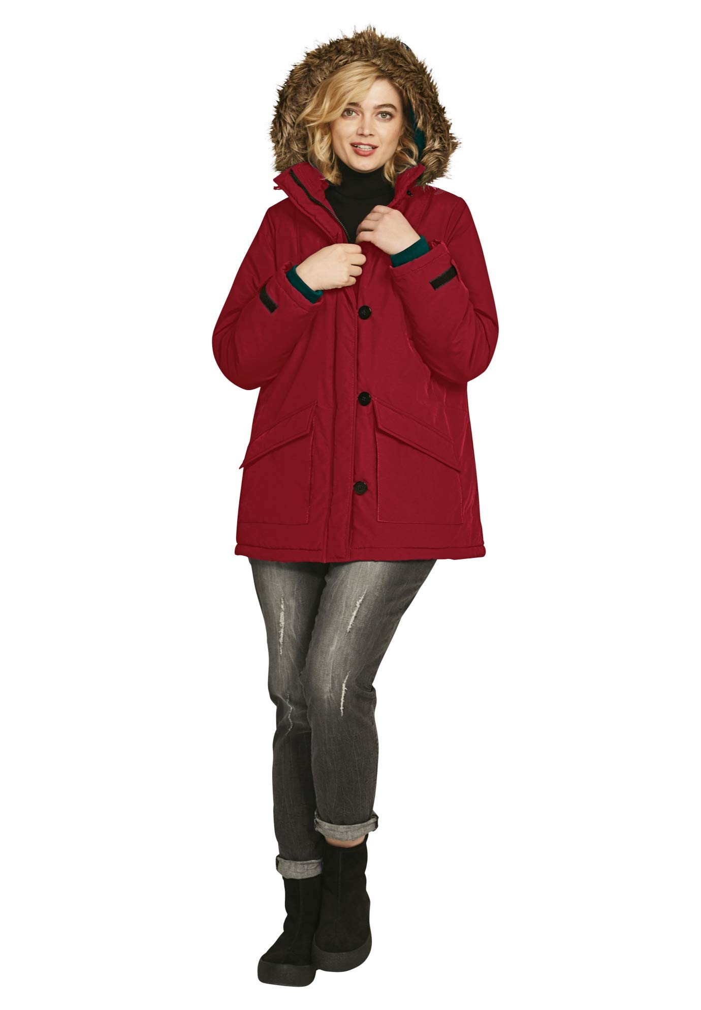 Ellos Women's Plus Size Faux Fur Trim Parka Jacket - Warm Winter Coat for Cold Weather, Outdoor Activities & Fashion