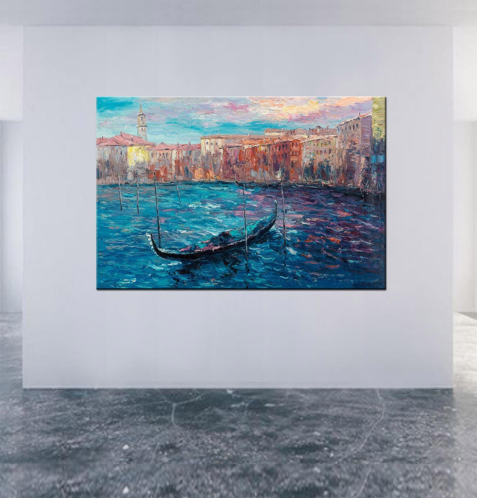 Venice Grand Canal Gondola Oil Painting on Canvas - Large Wall Art, Cityscape Canvas Art for Living Room, Bedroom & Office Decor
