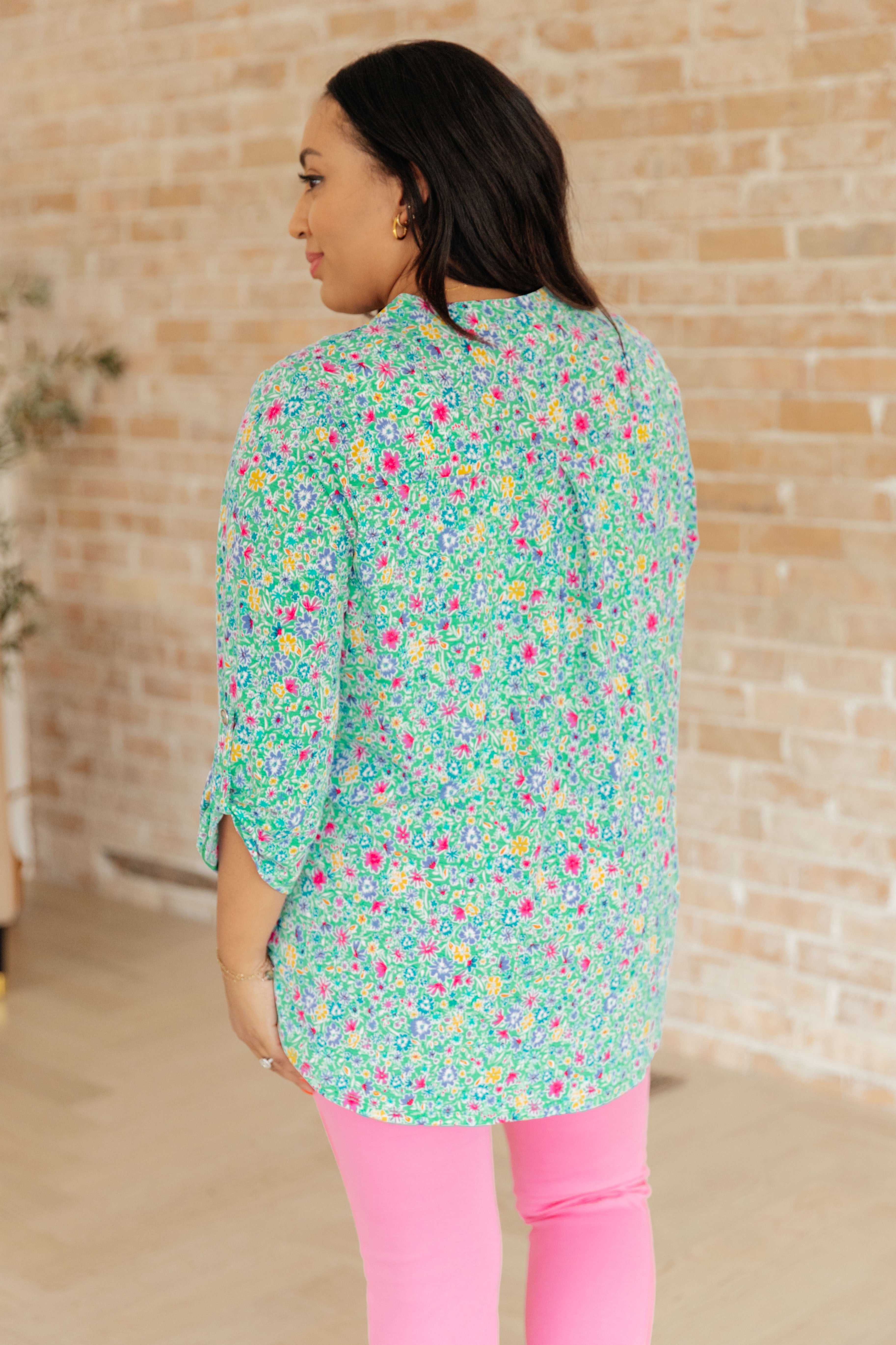 Emerald Green Floral Print Lizzy Gabby Women's Blouse - Perfect for Spring Outfits, Casual Wear & Office Attire