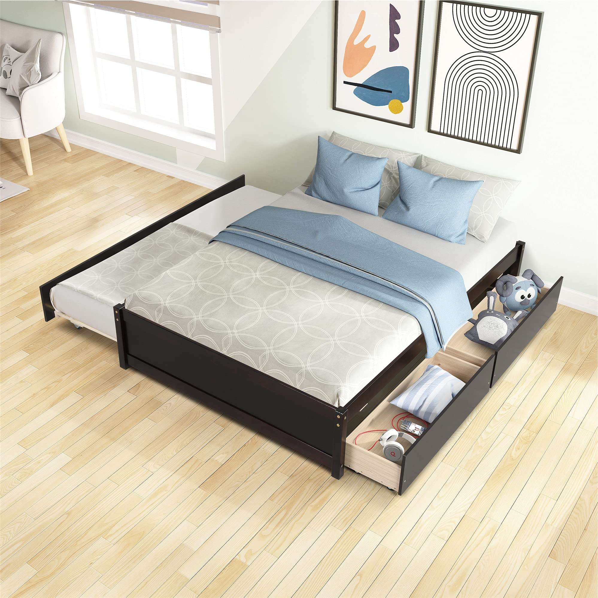 MERITLINE Full Size Wood Platform Bed Frame with Storage Drawers & Trundle - Space Saving Captain Bed for Kids, Teens & Adults (No Box Spring Needed) - Perfect for Small Bedrooms, Guest Rooms & Dormitories - Espresso Finish