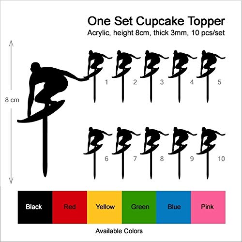 Wave Surfer Male Silhouette Acrylic Cupcake Toppers - 10pcs for Wedding, Birthday & Party Decorations - Perfect for Beach Themed Events, Baby Showers and Summer Celebrations