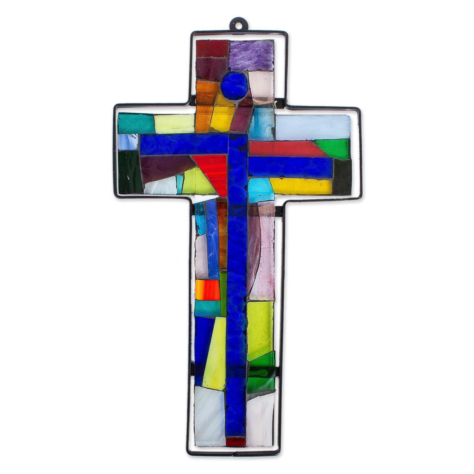 NOVICA Large Stained Glass Wall Cross - Multicolor Religious Decor 'Holy Cross' for Home, Church & Spiritual Spaces
