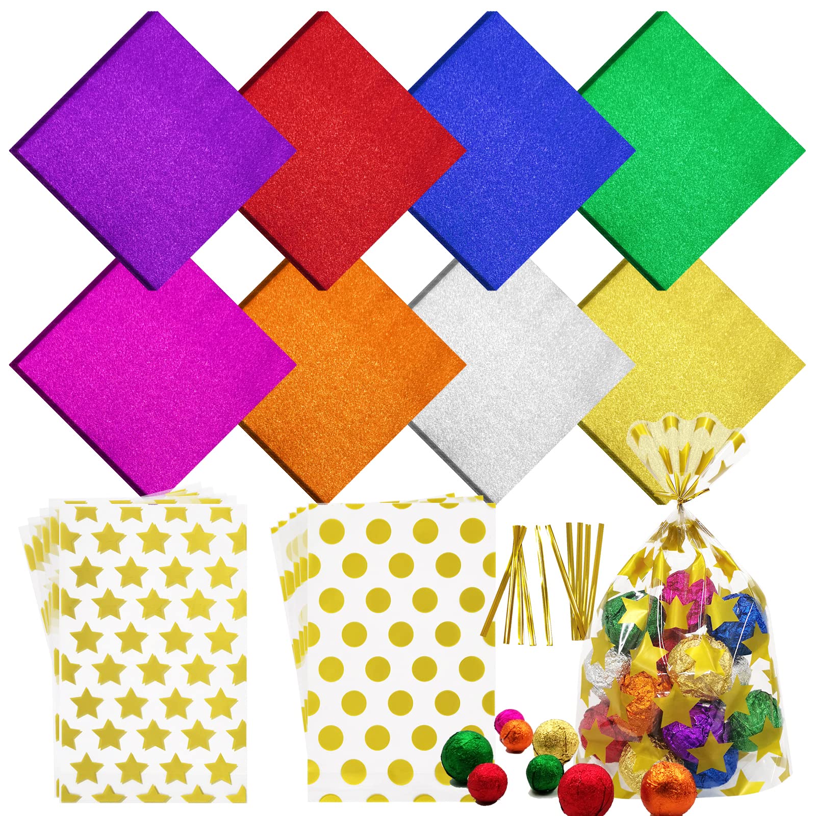 SNAIL GARDEN 800Pcs 4x4 Inch Food Grade Aluminum Foil Candy Wrappers for Chocolates - Includes 10 Candy Bags & 10 Metallic Twist Ties - 8 Colorful Foil Sheets for Christmas DIY, Homemade Candy Making, Party Favors, and Gift Packaging