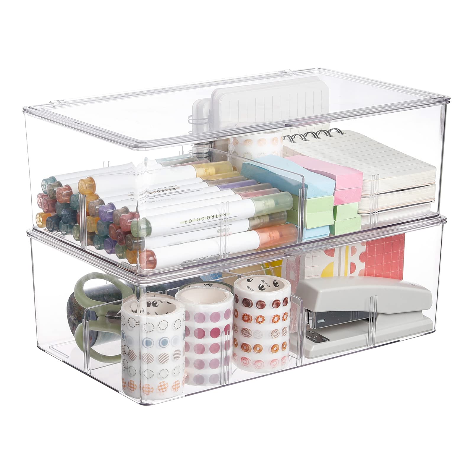 Yesesion Clear Plastic Desk Drawer Organizer with Lid - 2 Pack Large Adjustable Storage Case for Pens, Pencils, School Supplies, Toys, Puzzles, Stationery, Art Crafts, Tools & Makeup - Perfect for Home Office, School, Craft Room & Beauty Organization