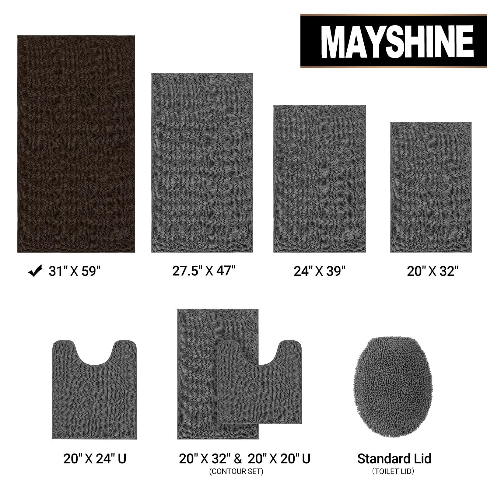 MAYSHINE Plush Shaggy Chenille Bath Mat - Ultra Soft & Super Absorbent Non-Slip Bathroom Rug | Fluffy Microfiber Bath Mat for Bathroom Floor, Kitchen, Living Room | 59