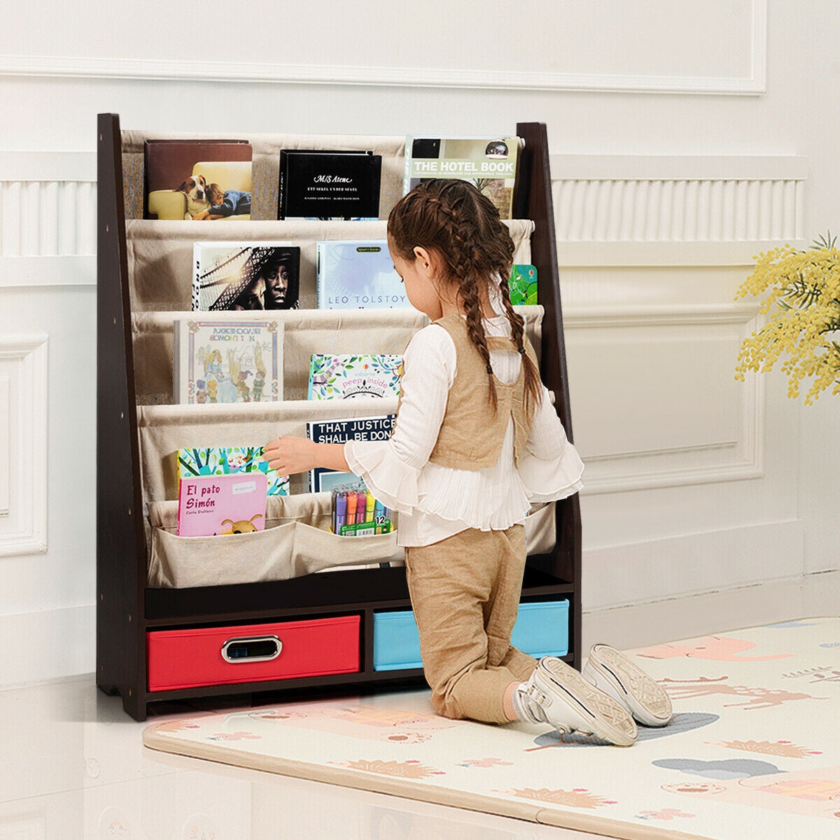 Kids Book and Toy Organizer Shelf - Brown Wooden Storage Unit for Children's Room, Nursery, Playroom & Classroom Organization