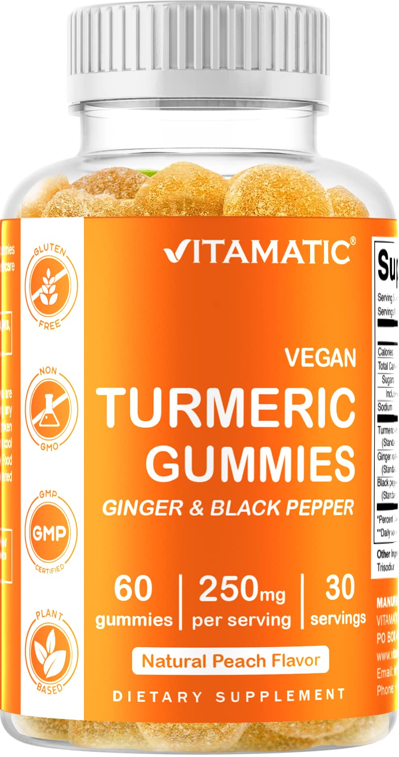Vitamatic Turmeric Gummies with Ginger & Black Pepper Extract - 95% Curcuminoids - 60 Vegan Gummies for Immune Support & Joint Health - Natural Anti-Inflammatory Supplement for Daily Wellness
