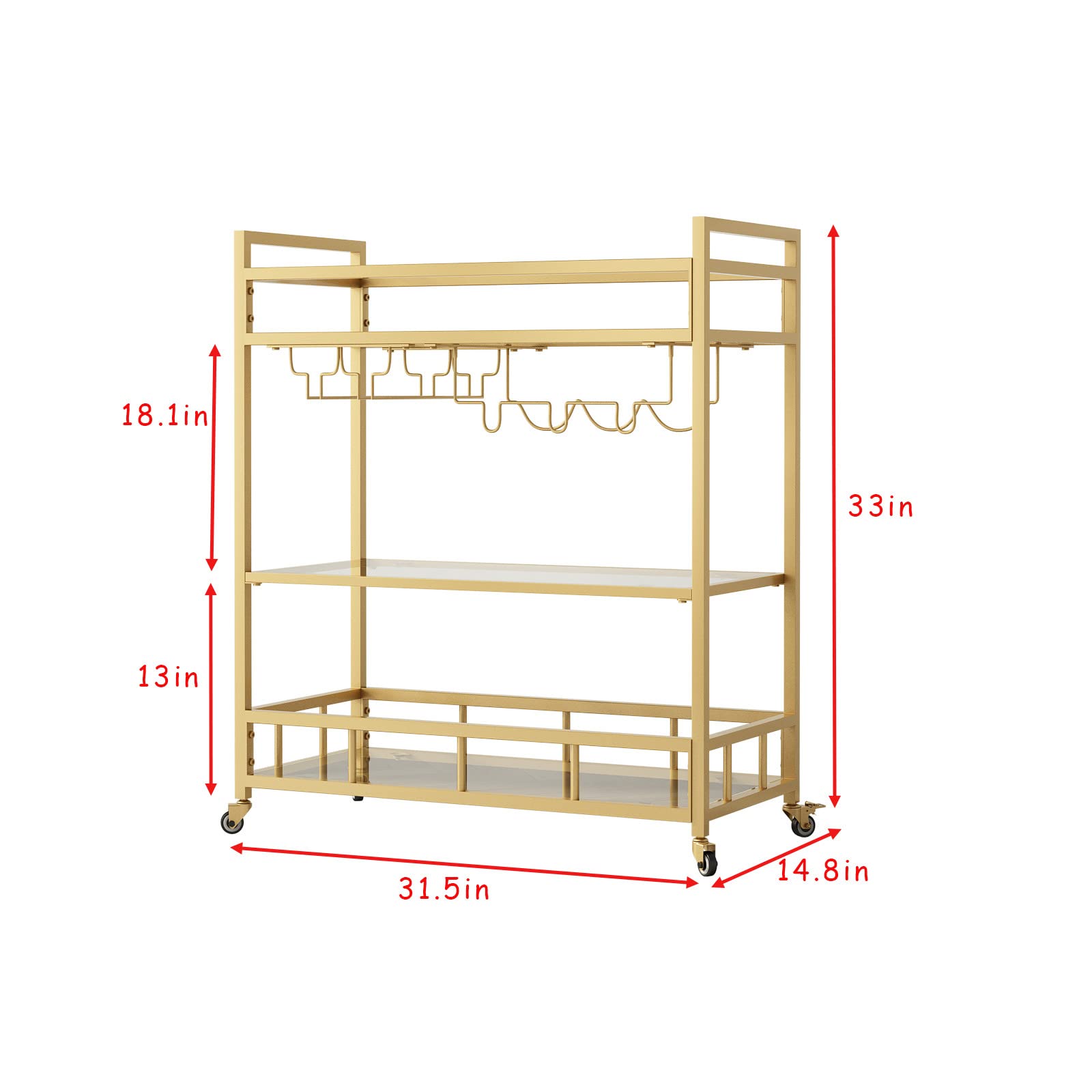 3-Tier Gold Rolling Bar Cart with Bottle Storage & Wine Glass Holder - Mobile Serving Cart for Indoor & Outdoor Use, Perfect for Parties, Patios & Kitchen Entertaining