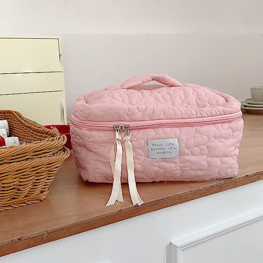 Floral Quilted Travel Cosmetic Bag for Women & Kids – Large Capacity Cotton Makeup Pouch – Portable Washable Toiletry Organizer – Perfect for Vacations, Gym, School & Daily Essentials Storage