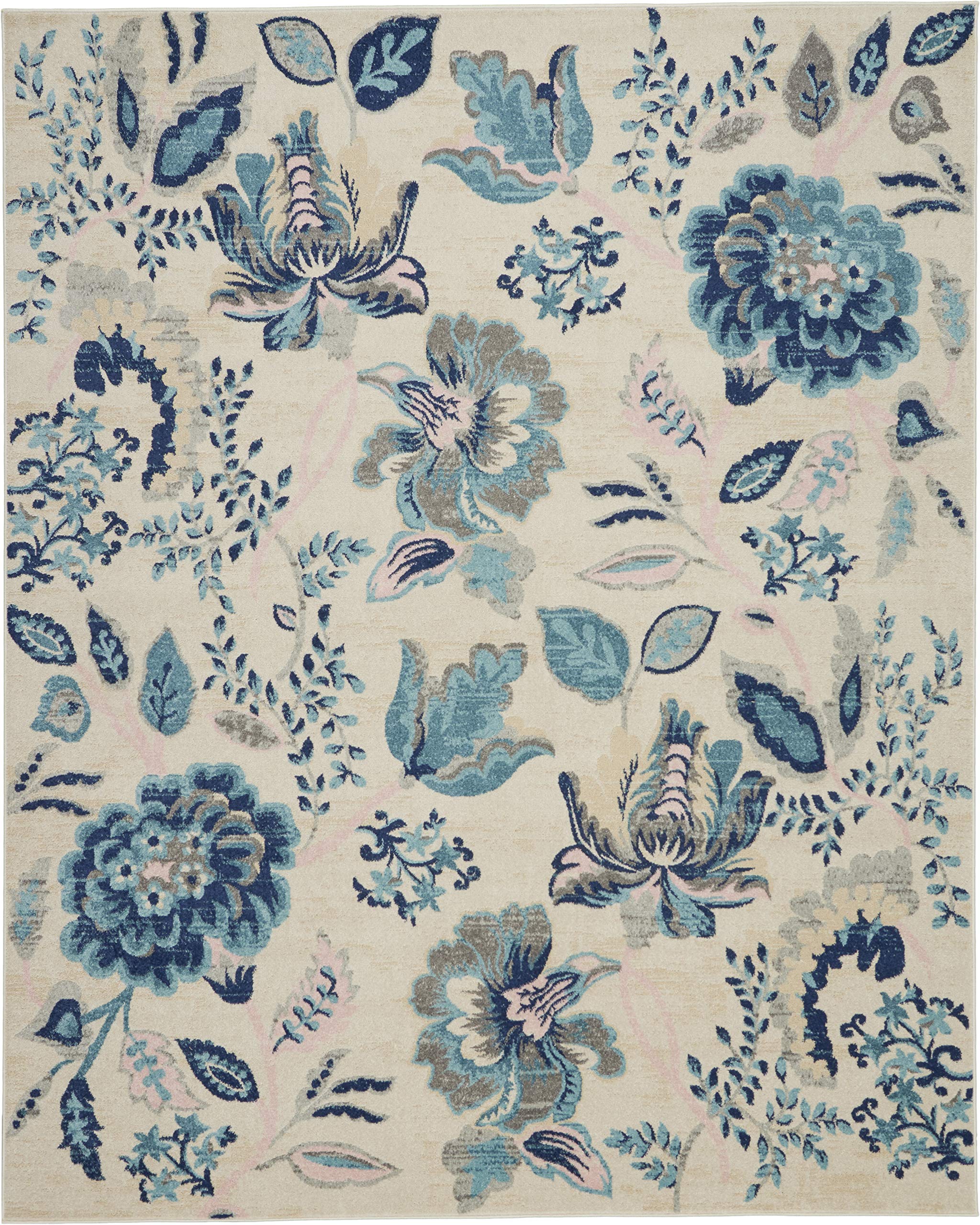 Nourison Tranquil Floral Ivory/Light Blue 9x12 Area Rug - Non-Shedding, Easy to Clean, Stain Resistant - Perfect for Living Room, Bedroom, Dining Room & Kitchen Decor