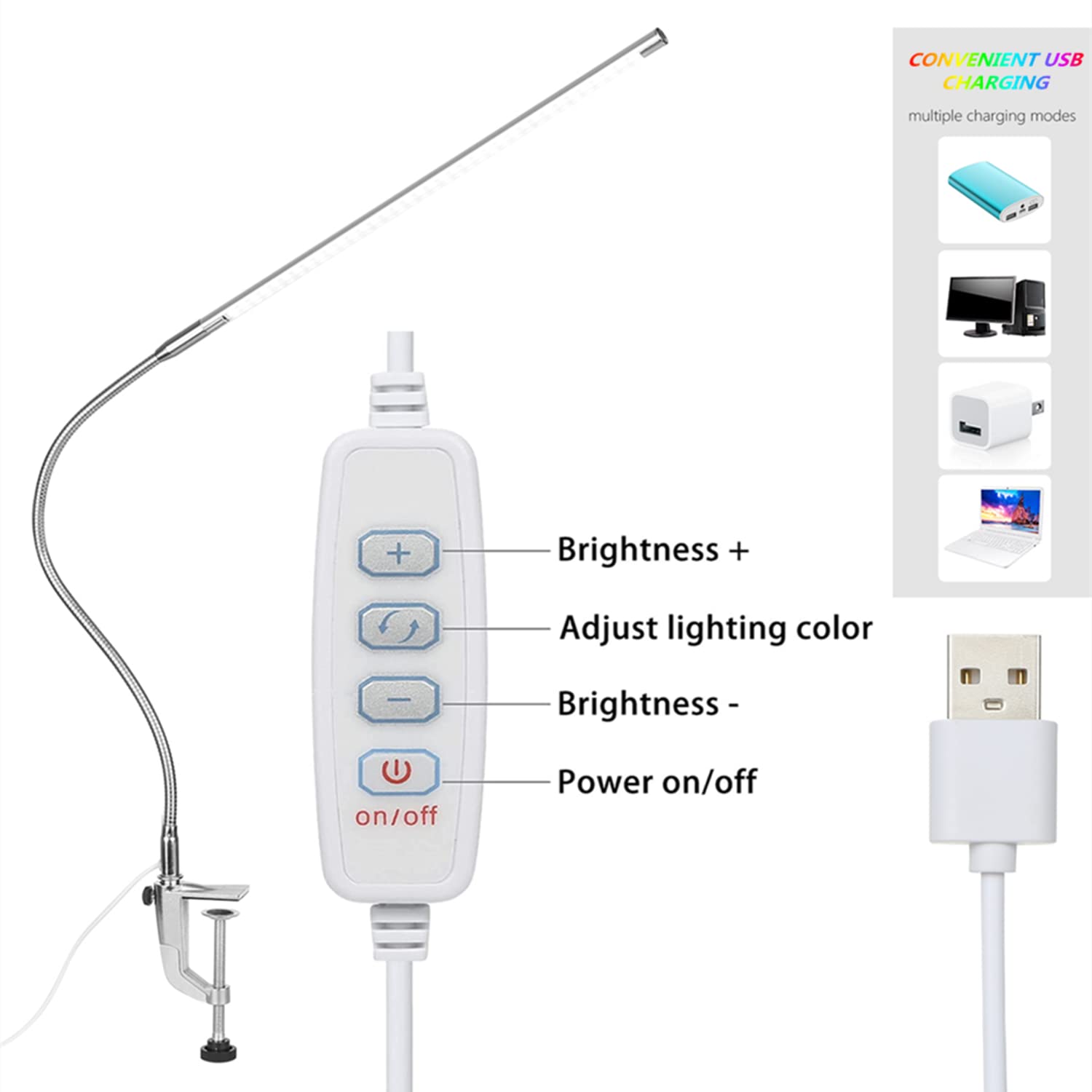 **LED Desk Lamp with Clamp - 3 Lighting Modes & 10 Brightness Levels, 360° Adjustable Gooseneck, Eye-Caring Reading Light for Home Office, Study, Manicure & Task Lighting**
