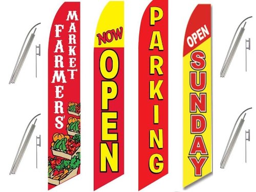 4 Swooper Flags & Pole Kits for Farmers Market, Store, Grocery - Red & Yellow Open Sunday Signs - Perfect for Outdoor Advertising, Grand Openings & Seasonal Sales