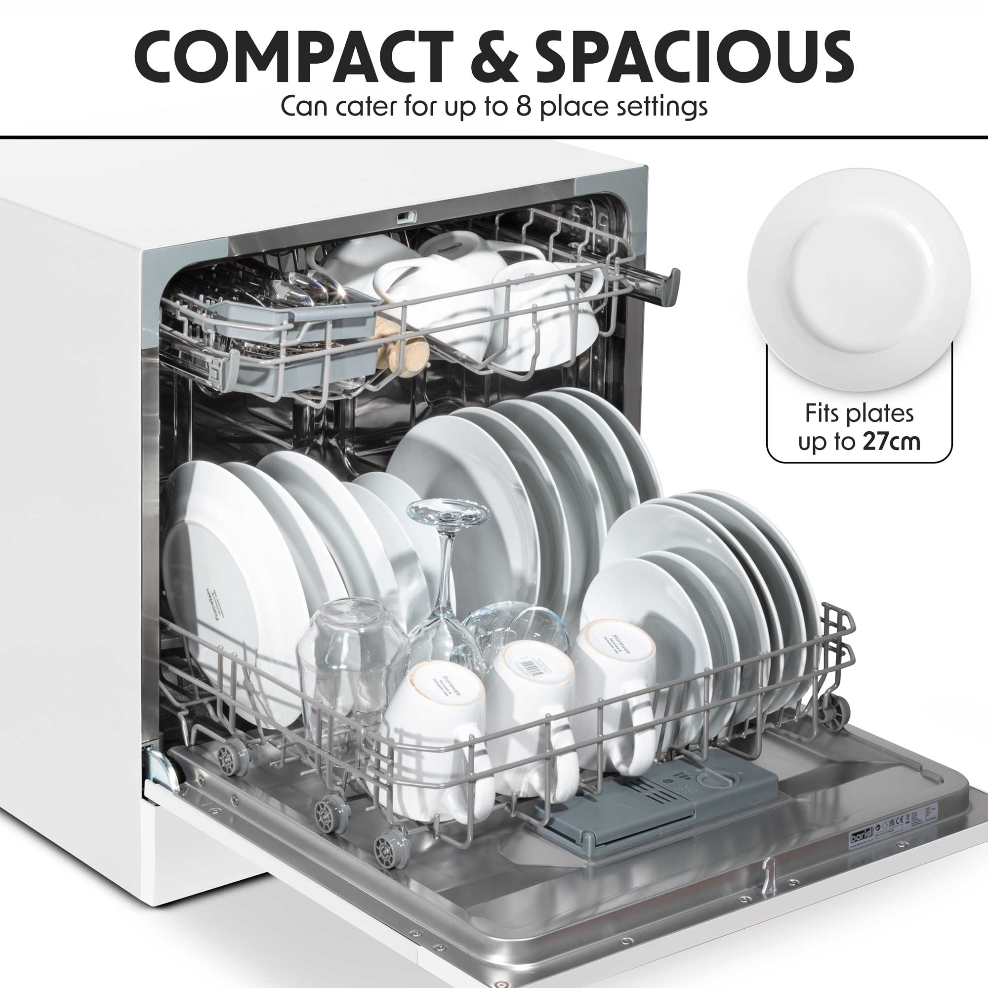 Baridi Compact Tabletop Dishwasher - 8 Place Settings, 6 Wash Programs, Ultra Quiet (45dB), 8L Capacity, Energy Efficient, White (Model DH86) - Perfect for Apartments, Dorms, RVs & Small Kitchens