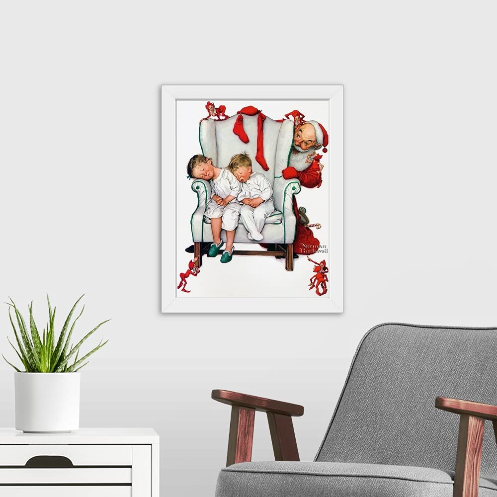Santa Filling Stockings White Framed Christmas Art Print - Holiday Home Decor for Living Room, Bedroom & Office Wall Art