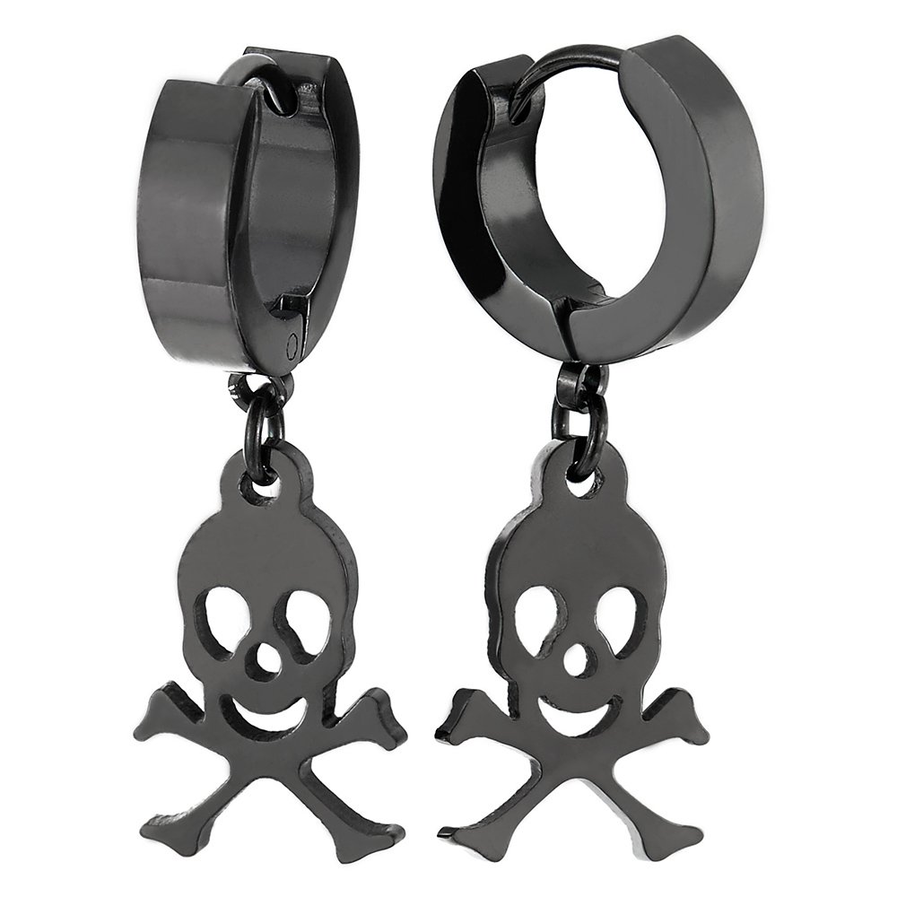 Black Stainless Steel Huggie Hoop Earrings for Men & Women - Pirate Skull Dangle Design - Perfect for Halloween, Costume Parties & Gothic Fashion Accessories