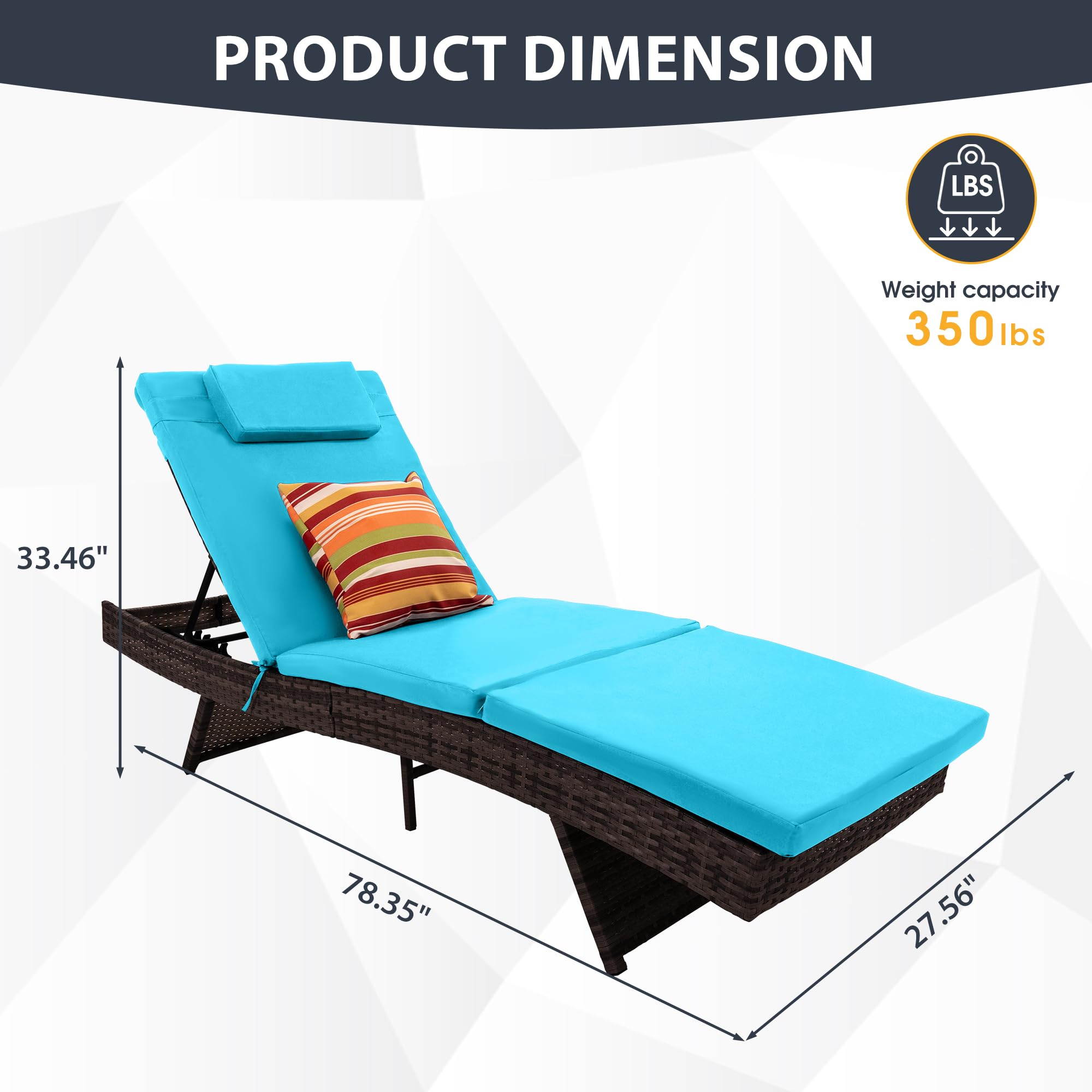 Sundale Outdoor Wicker Chaise Lounge Set of 2 - Adjustable Rattan Patio Lounge Chairs with Cushions & Pillows - Steel Frame, Turquoise - Perfect for Deck, Garden, Poolside & Indoor Use