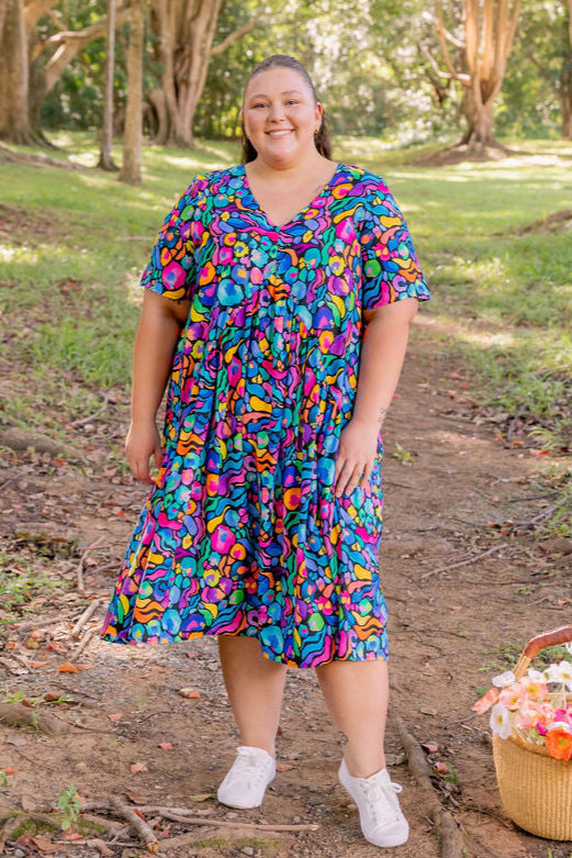 Kasey Rainbow Africa Print Peak Midi Dress - Floral Summer Dress for Women, Perfect for Beach Vacations & Casual Outings