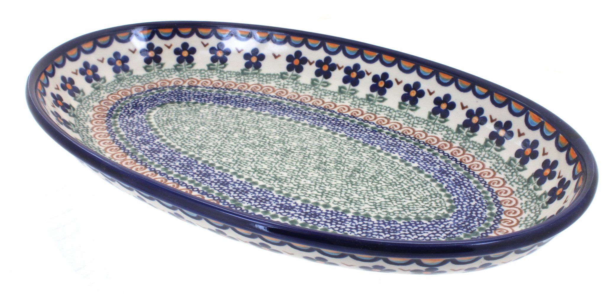 Handmade Blue Rose Polish Pottery Aztec Flower Oval Serving Platter - Elegant Decorative Dish for Dining, Entertaining & Home Decor