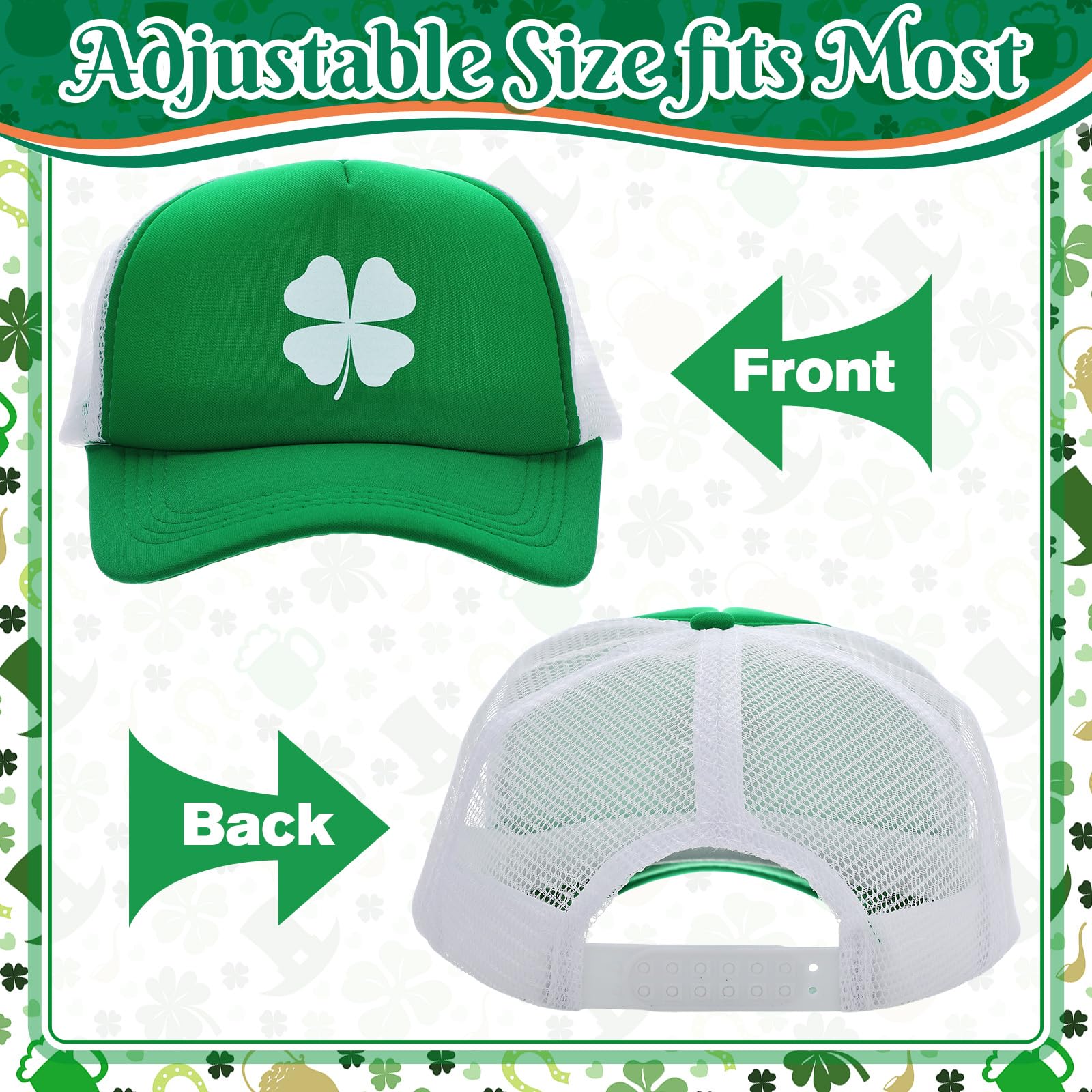 24 Pcs St Patrick's Day Hats Bulk - Irish 4 Leaf Clover Baseball Caps, Adjustable Green Foam Cotton Shamrock Hats for Men & Women - Perfect for St Patty's Day Parties, Parades & Festive Gifts