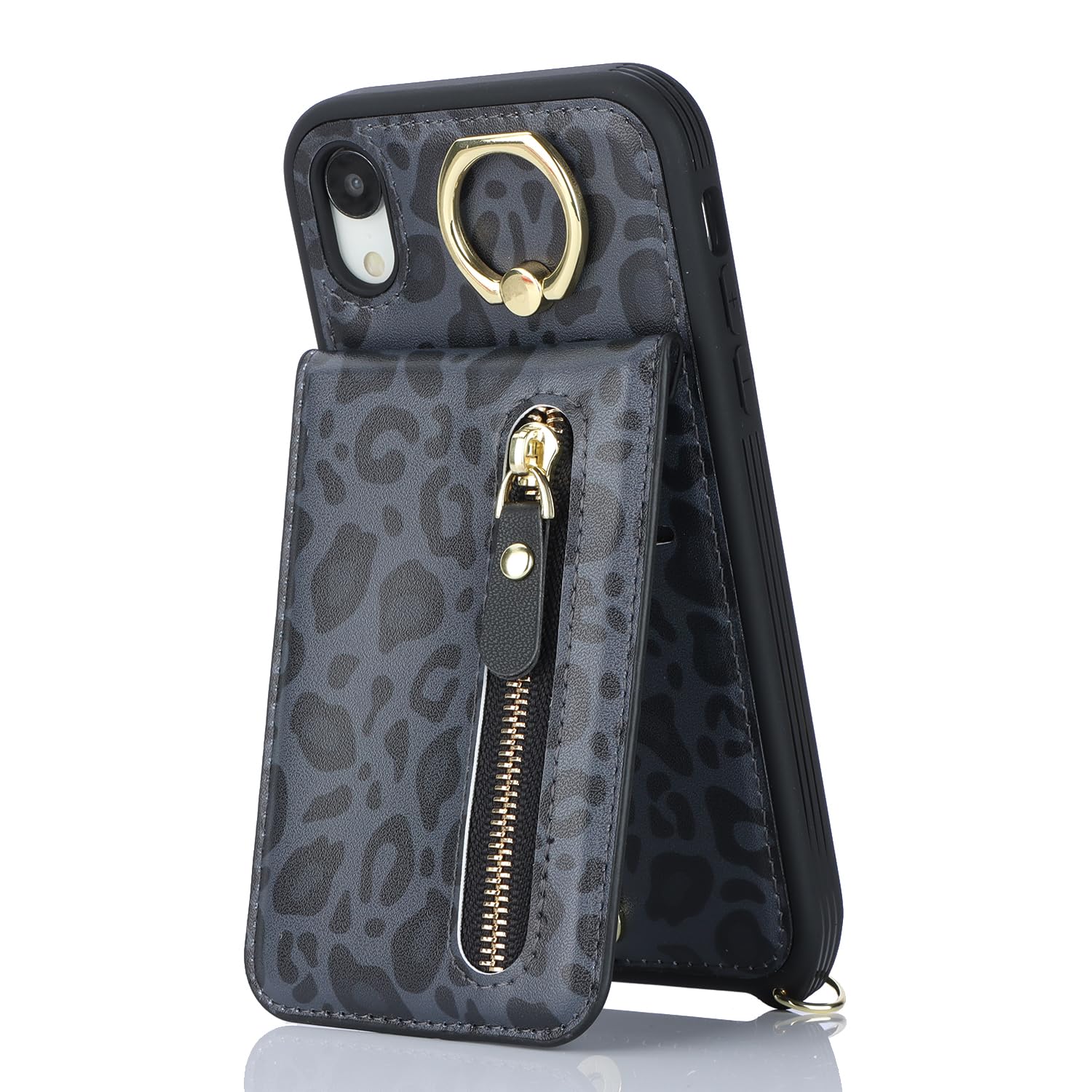 Premium iPhone XR Phone Case with Card Holder & Wrist Strap - Women's Wallet Case with Credit Card Slots, Kickstand & Zipper Closure (Black Leopard Print) - Perfect for Everyday Use, Travel & Hands-Free Convenience