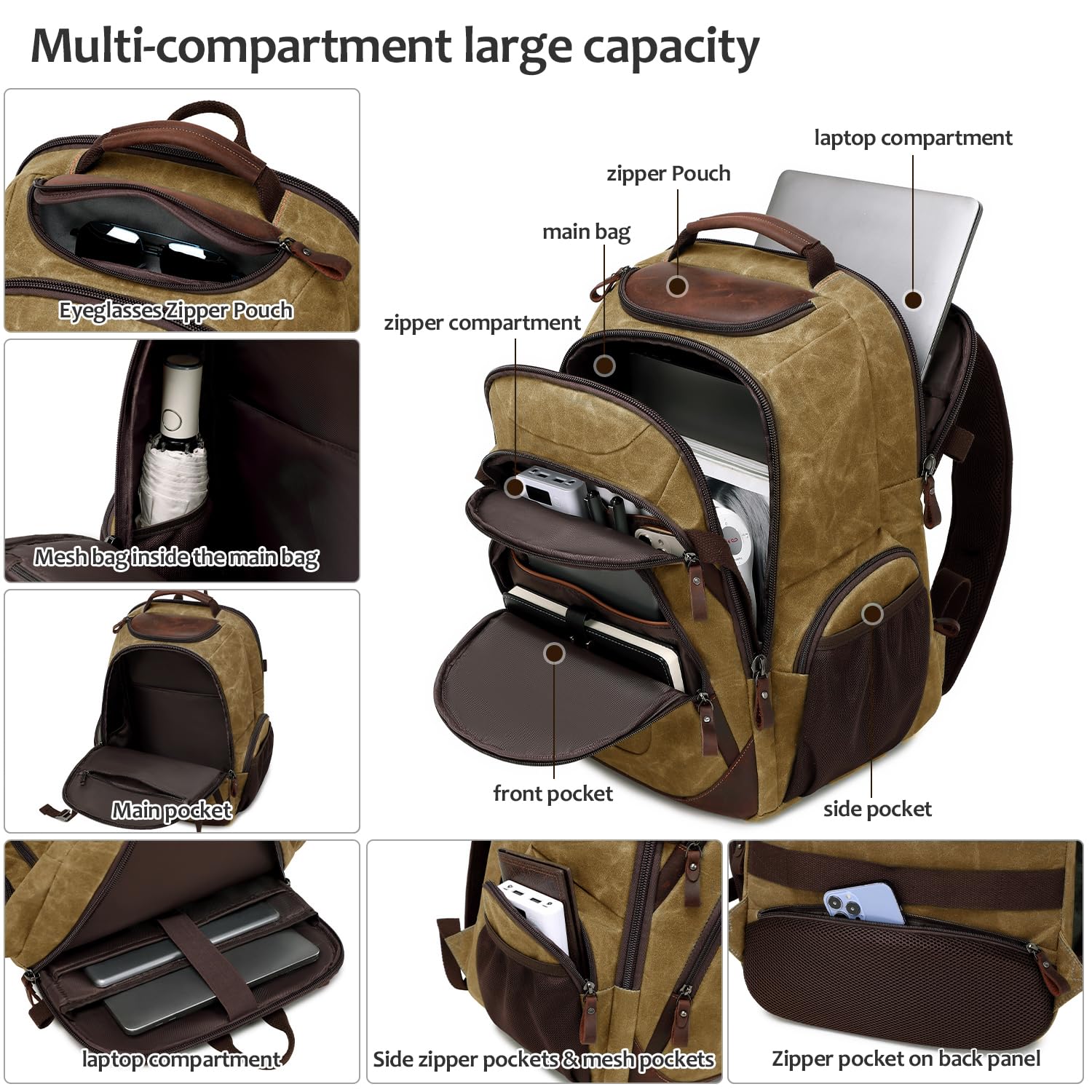 17.3 Inch Waxed Canvas Laptop Backpack for Men - XL Travel Computer Backpack with USB Charging Port, Water Resistant College Daypack & Business Backpack (Brown) - Perfect for Work Commute, Campus Use & Airplane Travel