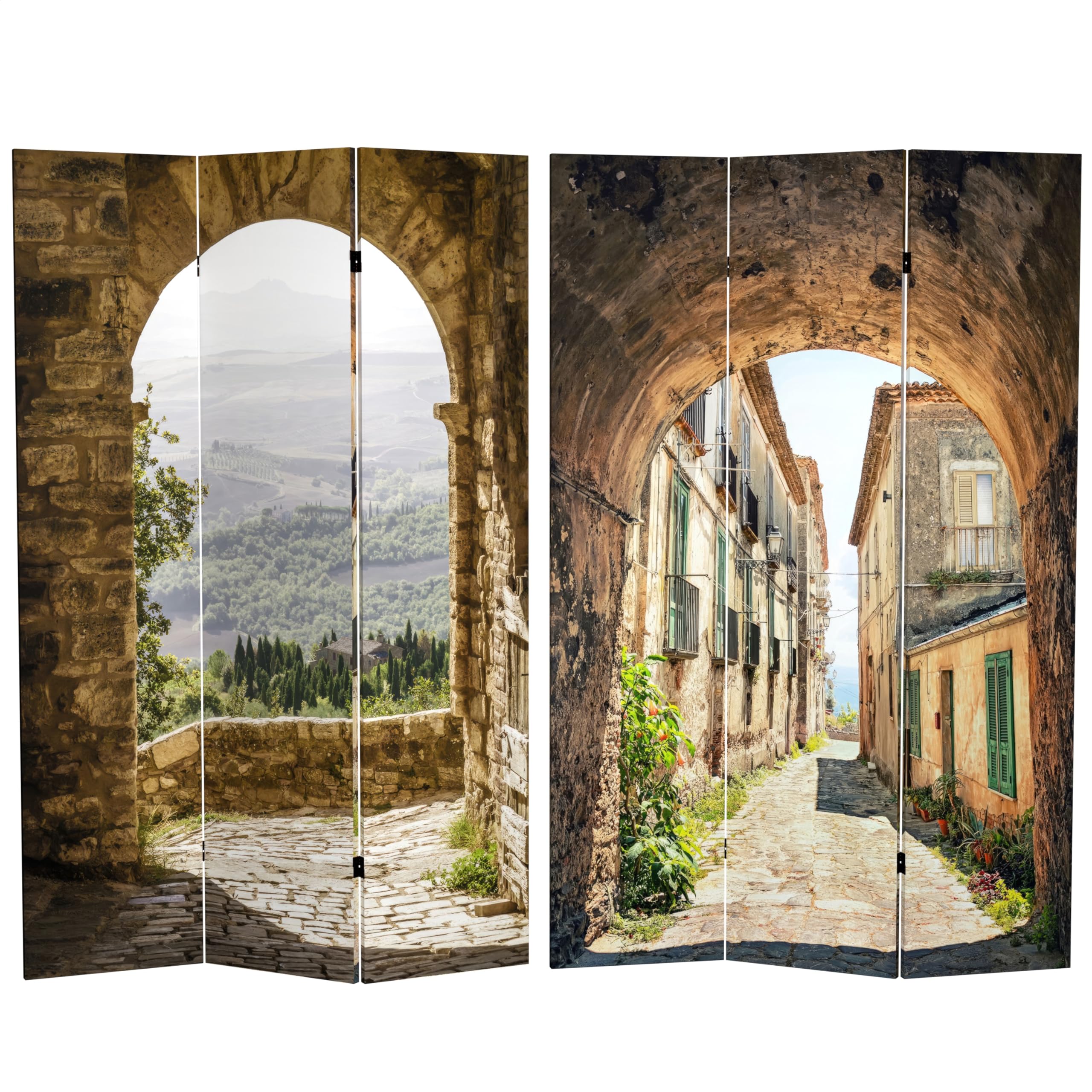 6 ft. Tall Double Sided European Village Canvas Room Divider - Red Lantern Multicolor Decorative Screen for Living Room, Bedroom & Office Partition