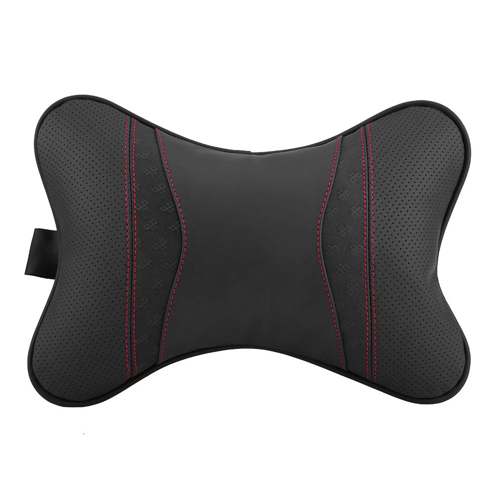 Premium Leather Car Headrest Neck Pillow with PP Cotton Fill - Ergonomic Support for Long Drives & Travel Comfort (Black with Red Stitching) - Perfect for Road Trips, Commuting & Airplane Travel - Auto Accessories Interior Upgrade