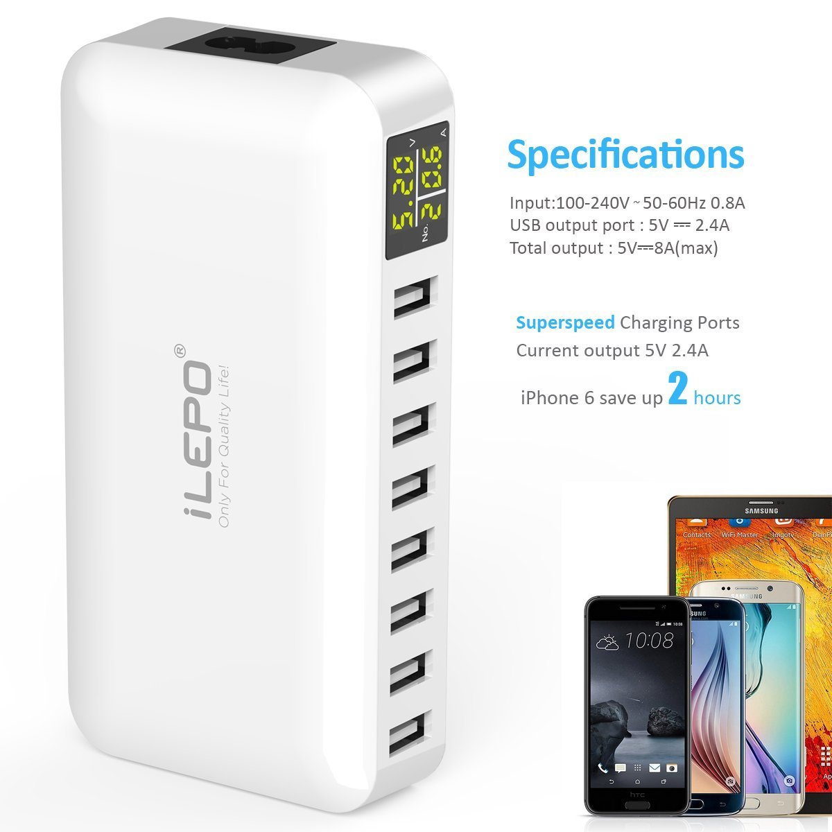iLepo 8-Port USB Charging Station with LED Display - Fast Desktop Wall Charger for Multiple Devices (Laptops, Tablets, Phones) | Perfect for Home, Office & Travel Use